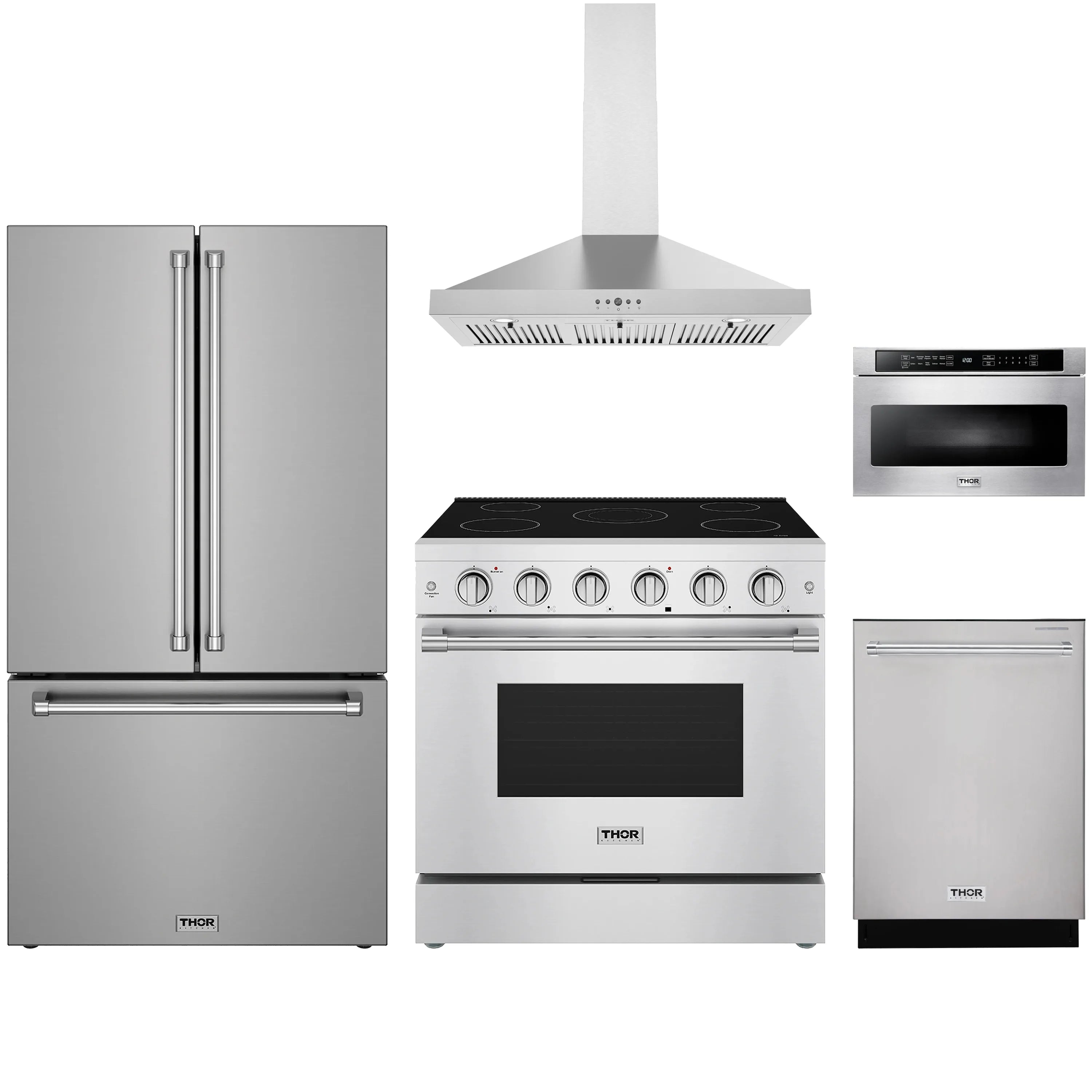 Stainless steel Thor appliance package showing fridge, microwave, range, hood, and dishwasher