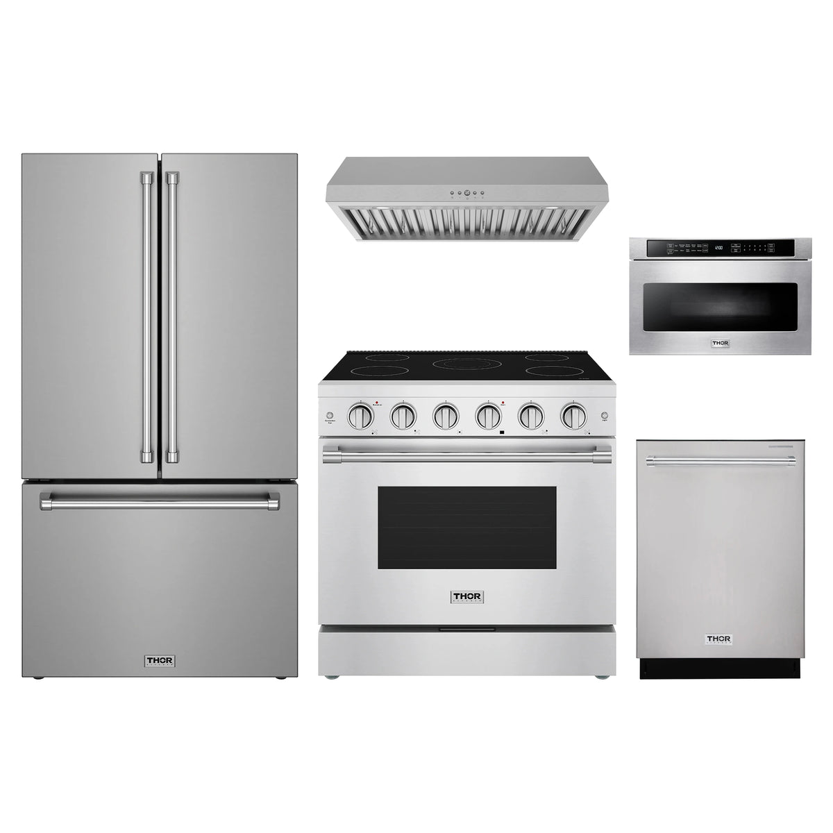 Thor Kitchen 5-Piece Appliance Package - 36-Inch Electric Range, Counter-Depth Refrigerator, Under Cabinet Hood, Dishwasher, & Microwave Drawer in Stainless Steel