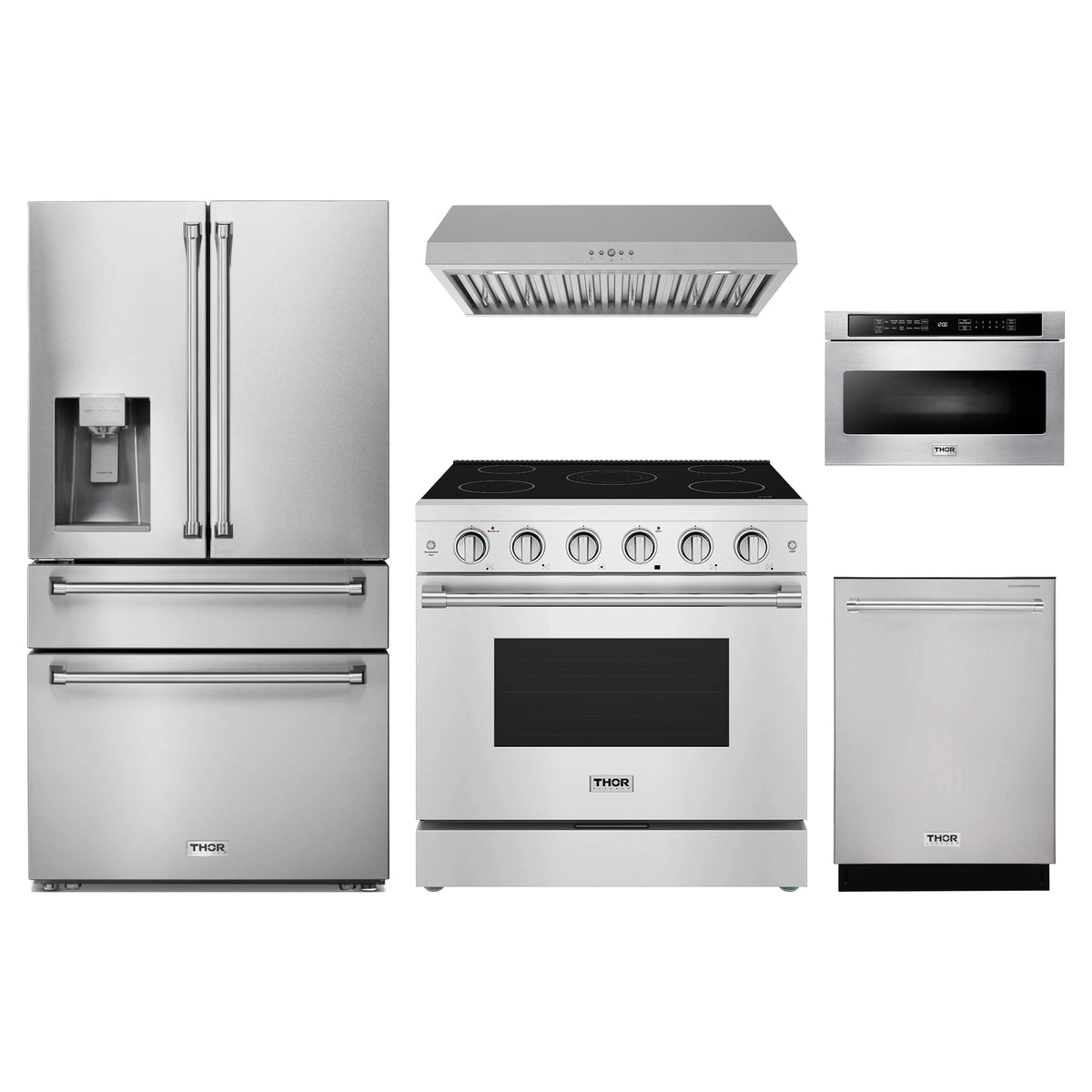 Thor Kitchen 5-Piece Appliance Package - 36-Inch Electric Range, Refrigerator with Water Dispenser, Under Cabinet Hood, Dishwasher, & Microwave Drawer in Stainless Steel