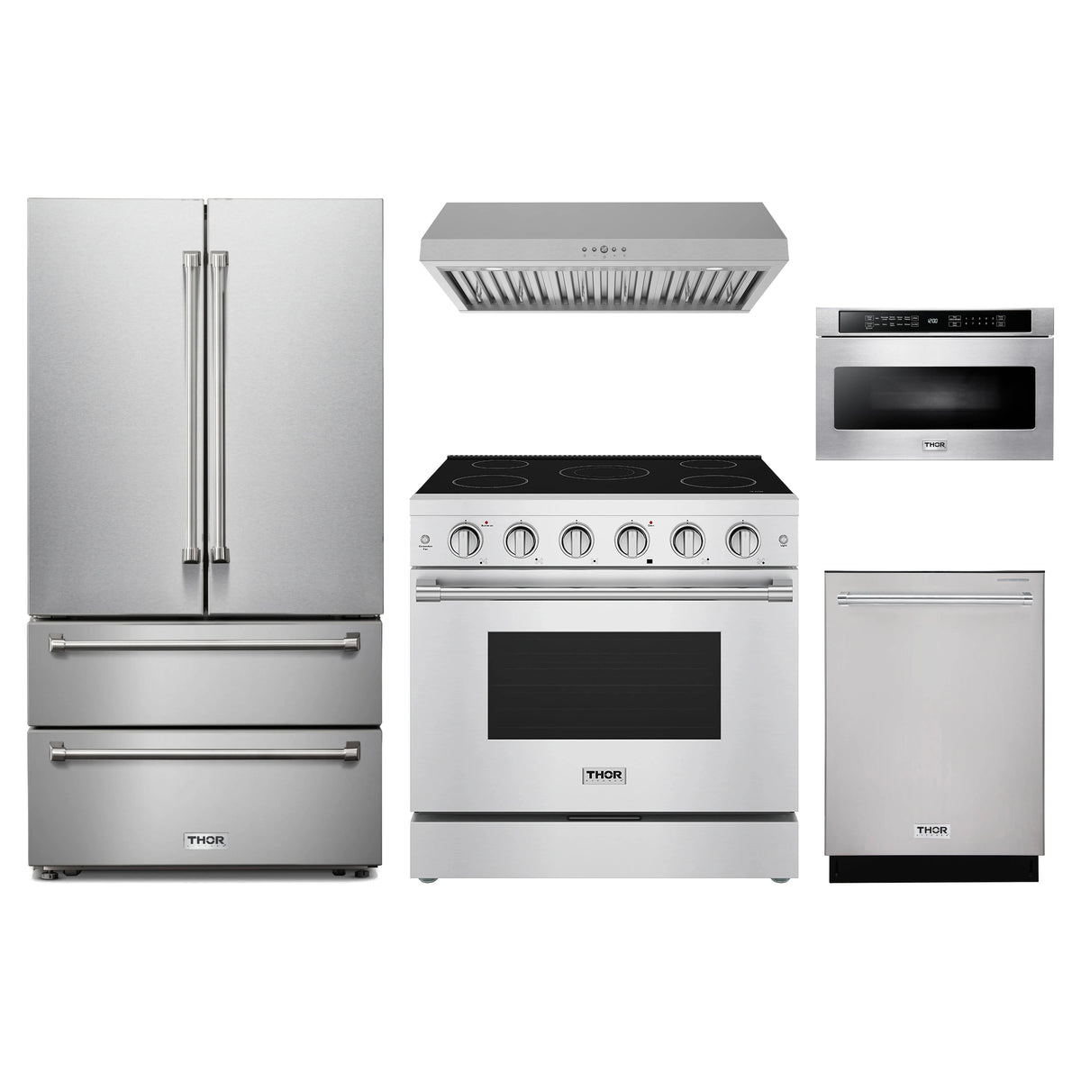 Thor Kitchen 5-Piece Appliance Package - 36-Inch Electric Range, French Door Refrigerator, Under Cabinet Hood, Dishwasher, & Microwave Drawer in Stainless Steel