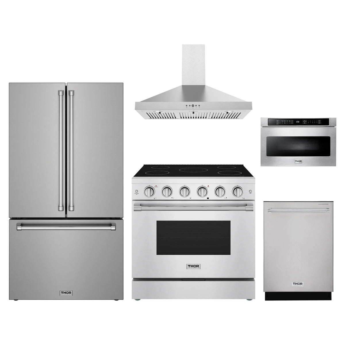 Thor Kitchen 5-Piece Appliance Package - 36-Inch Electric Range, Counter-Depth Refrigerator, Wall Mount Hood, Dishwasher, & Microwave Drawer in Stainless Steel