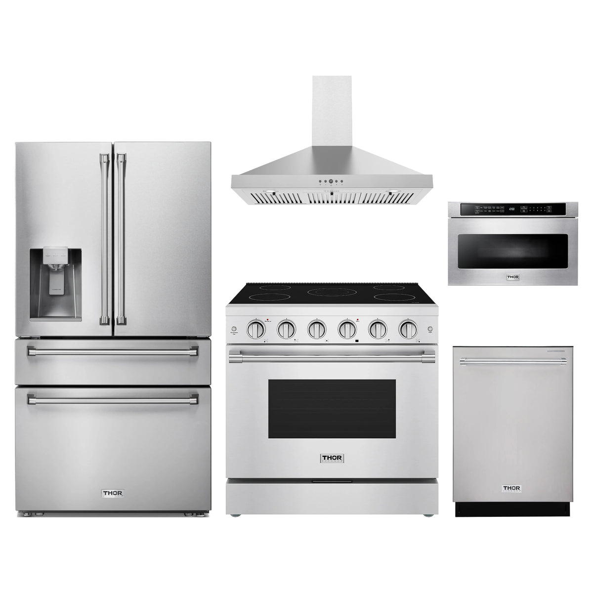 Thor Kitchen 5-Piece Appliance Package - 36-Inch Electric Range, Refrigerator with Water Dispenser, Wall Mount Hood, Dishwasher, & Microwave Drawer in Stainless Steel