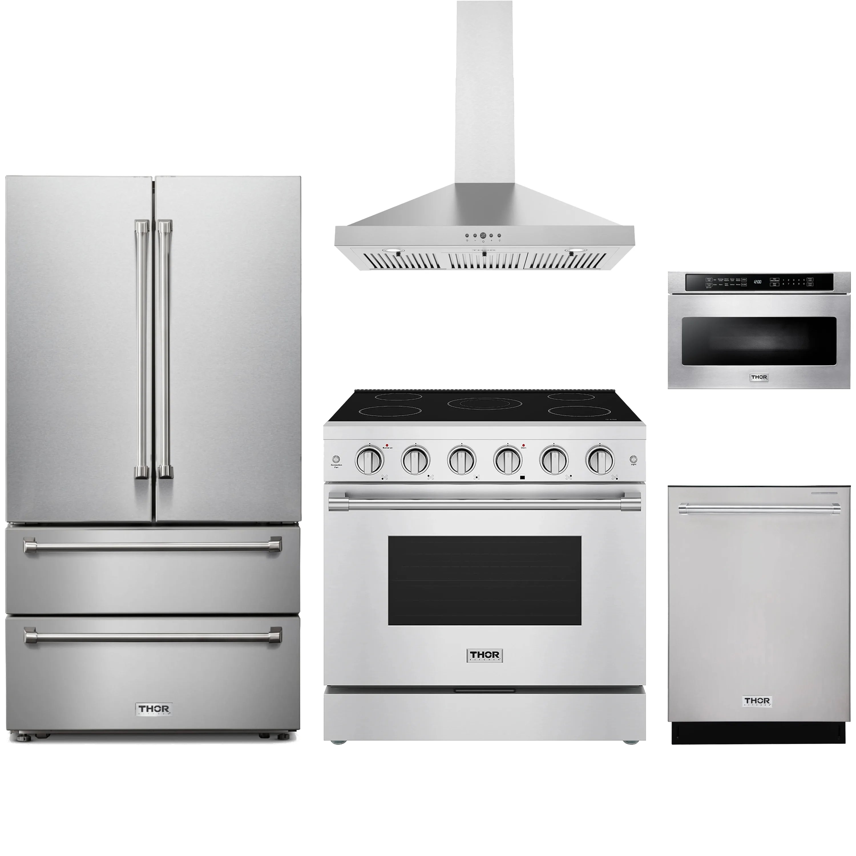 Stainless steel kitchen appliance set with French door refrigerator, range, dishwasher