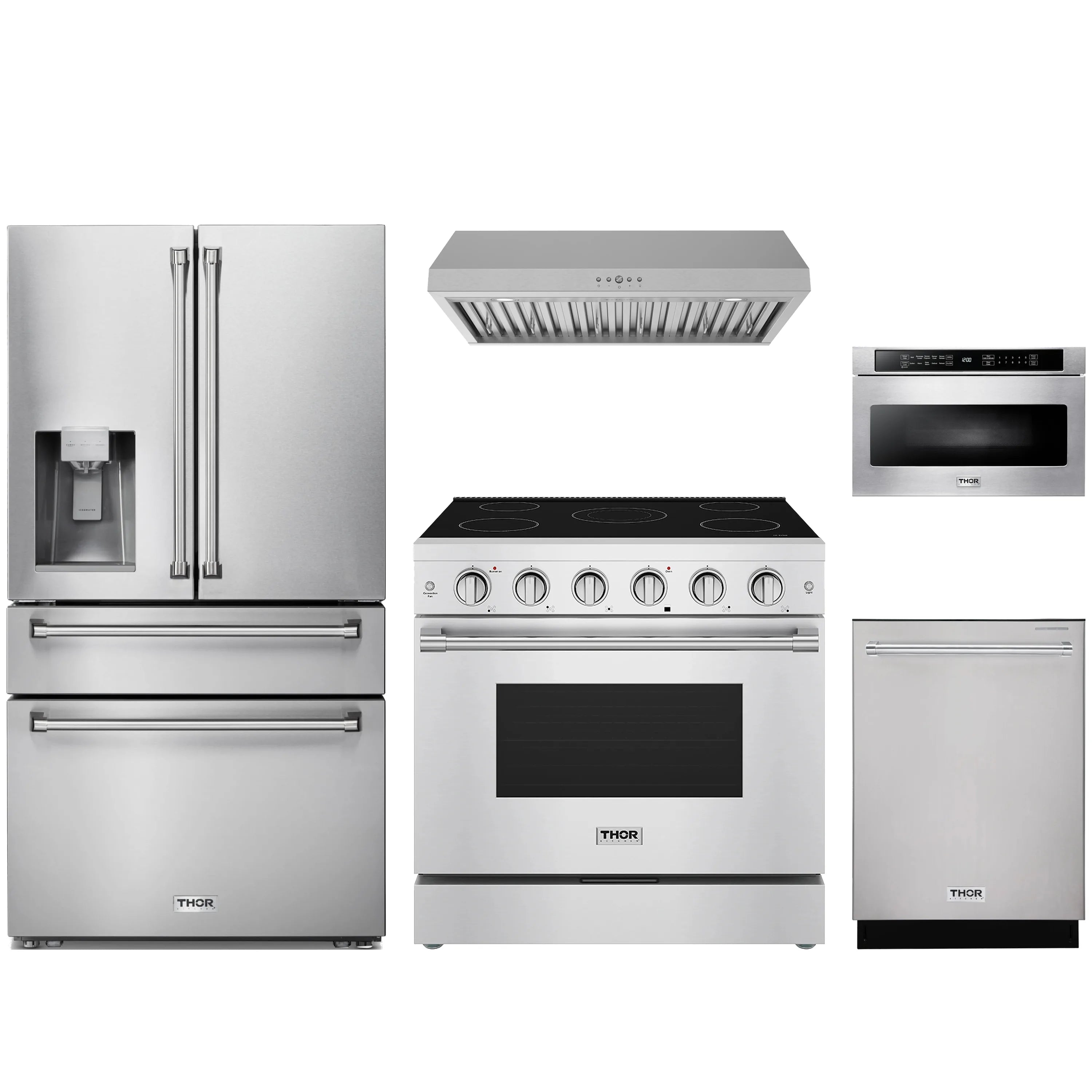 Stainless steel kitchen appliance set with refrigerator, electric range, hood, and dishwasher