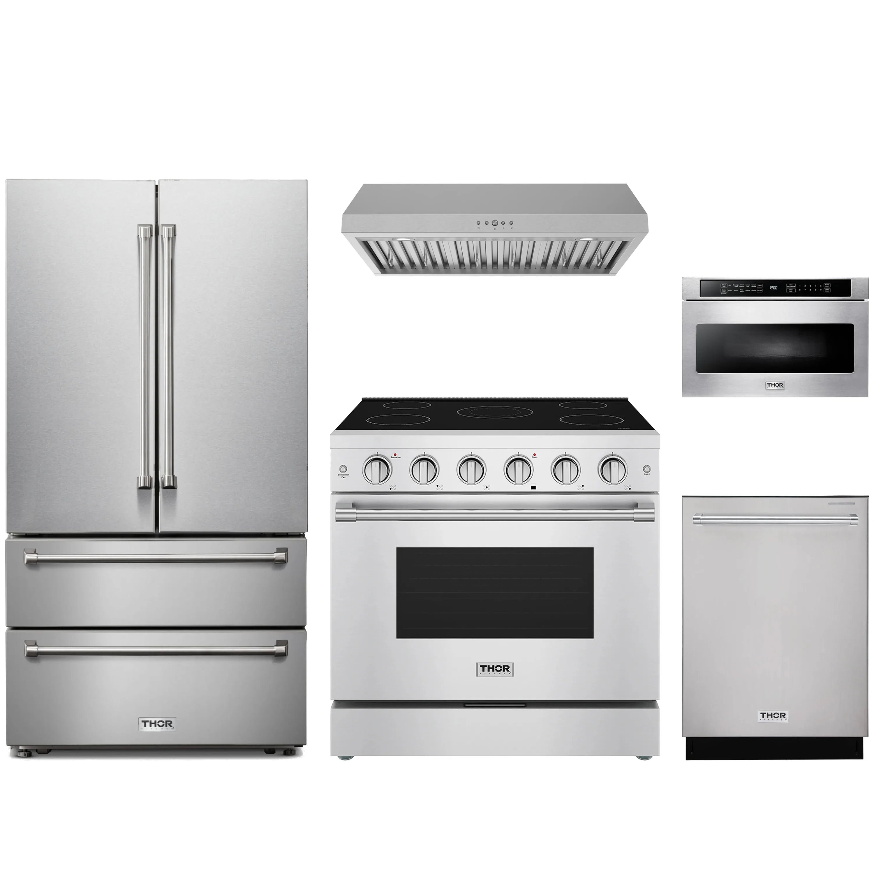 Stainless steel kitchen appliance set with refrigerator, electric range, dishwasher, and hood