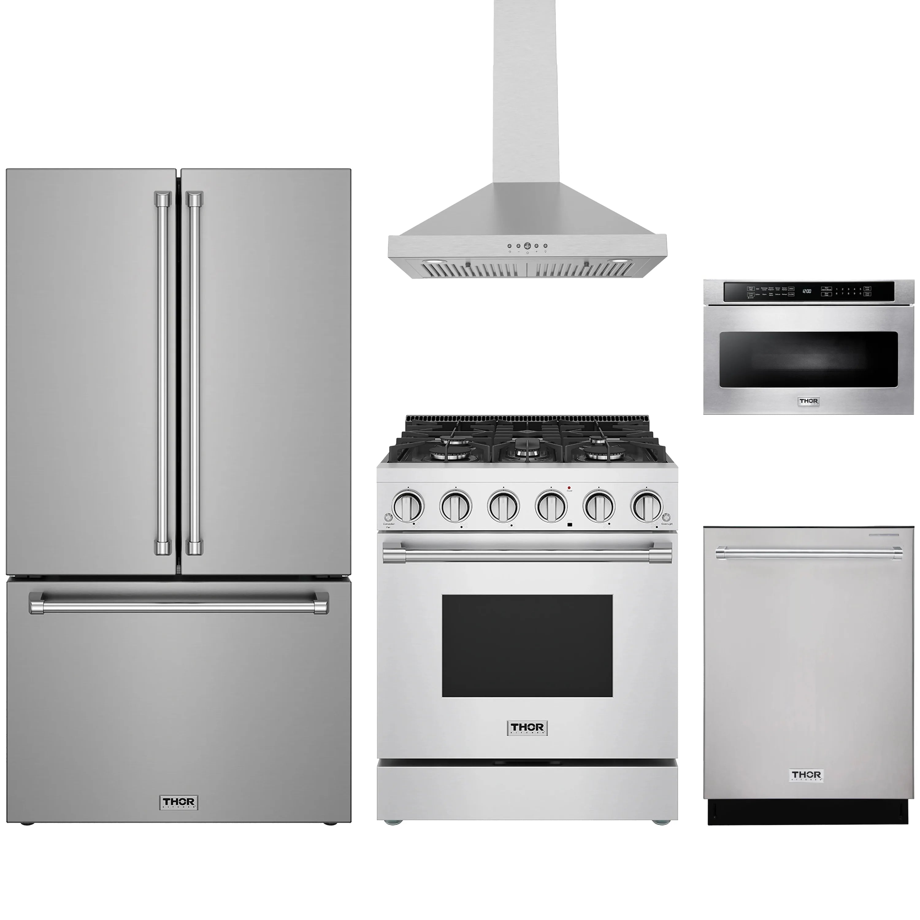 Stainless steel appliance bundle with refrigerator, gas range, hood, oven, and dishwasher