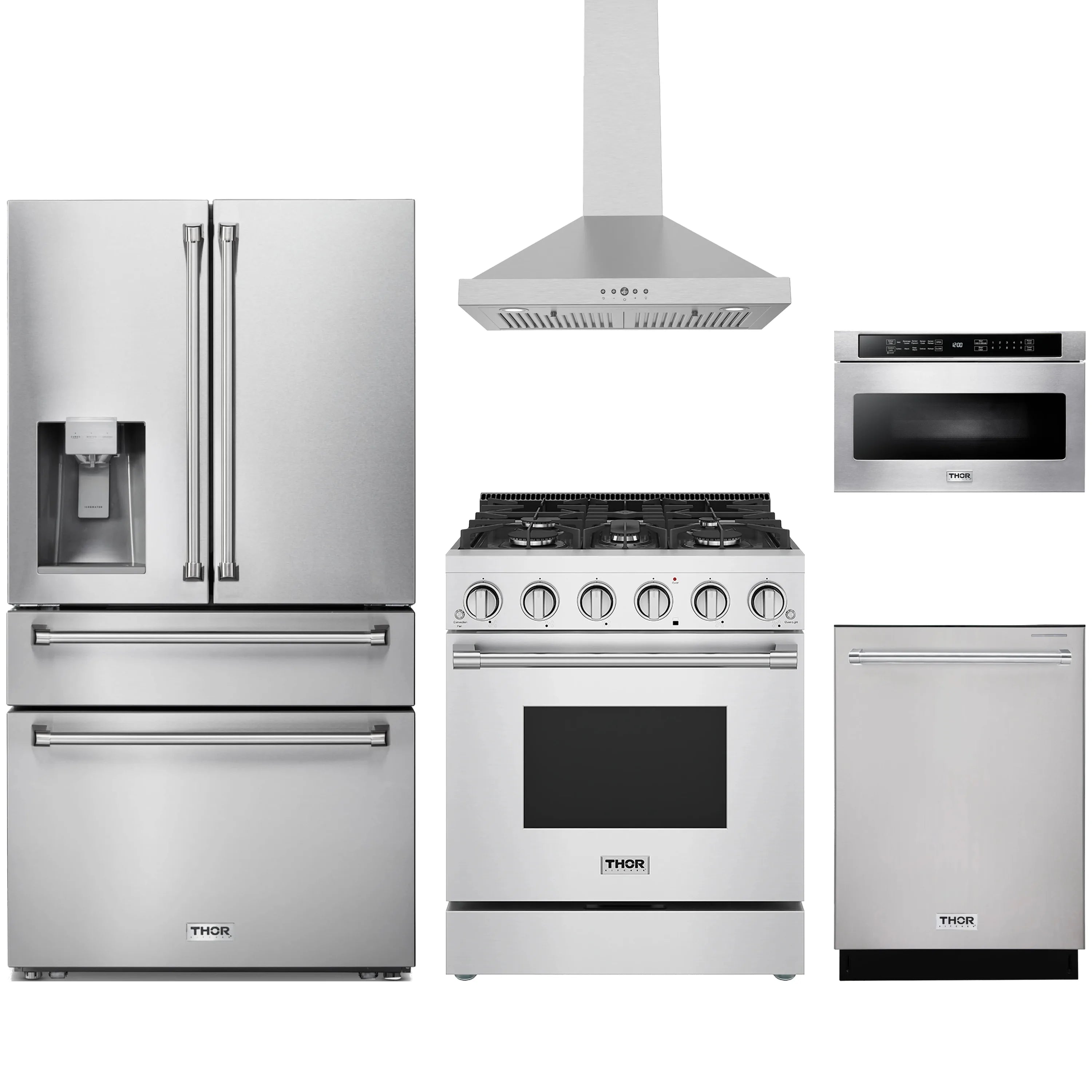 Stainless steel 5-piece appliance package with range, refrigerator, hood, dishwasher, and microwave