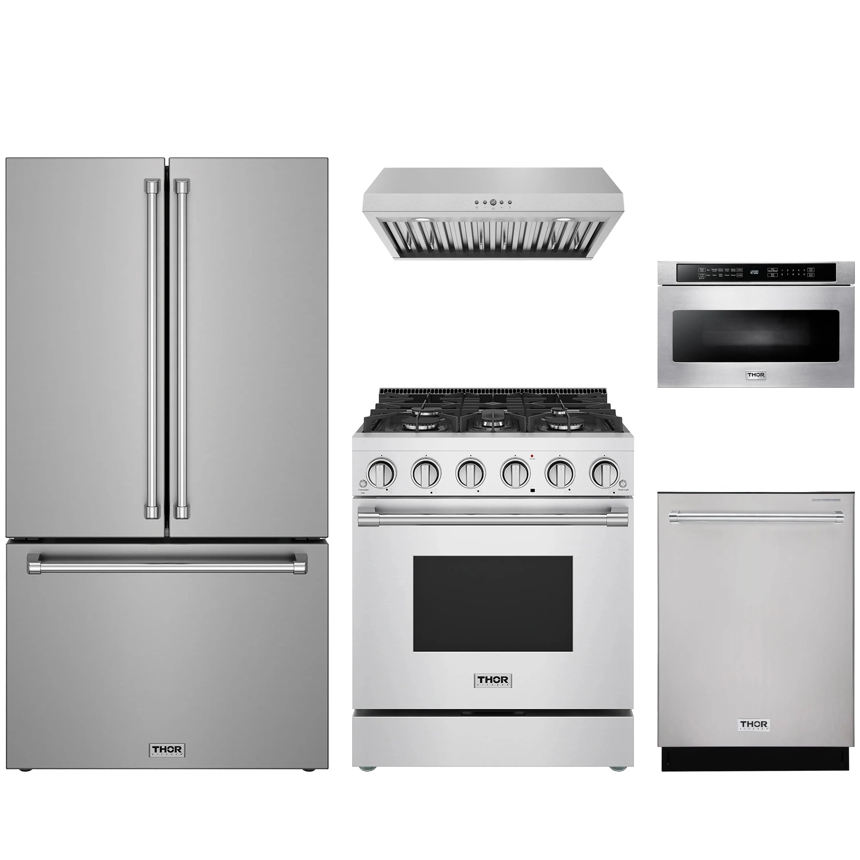 Stainless steel appliance package with refrigerator, gas range, hood, dishwasher, microwave