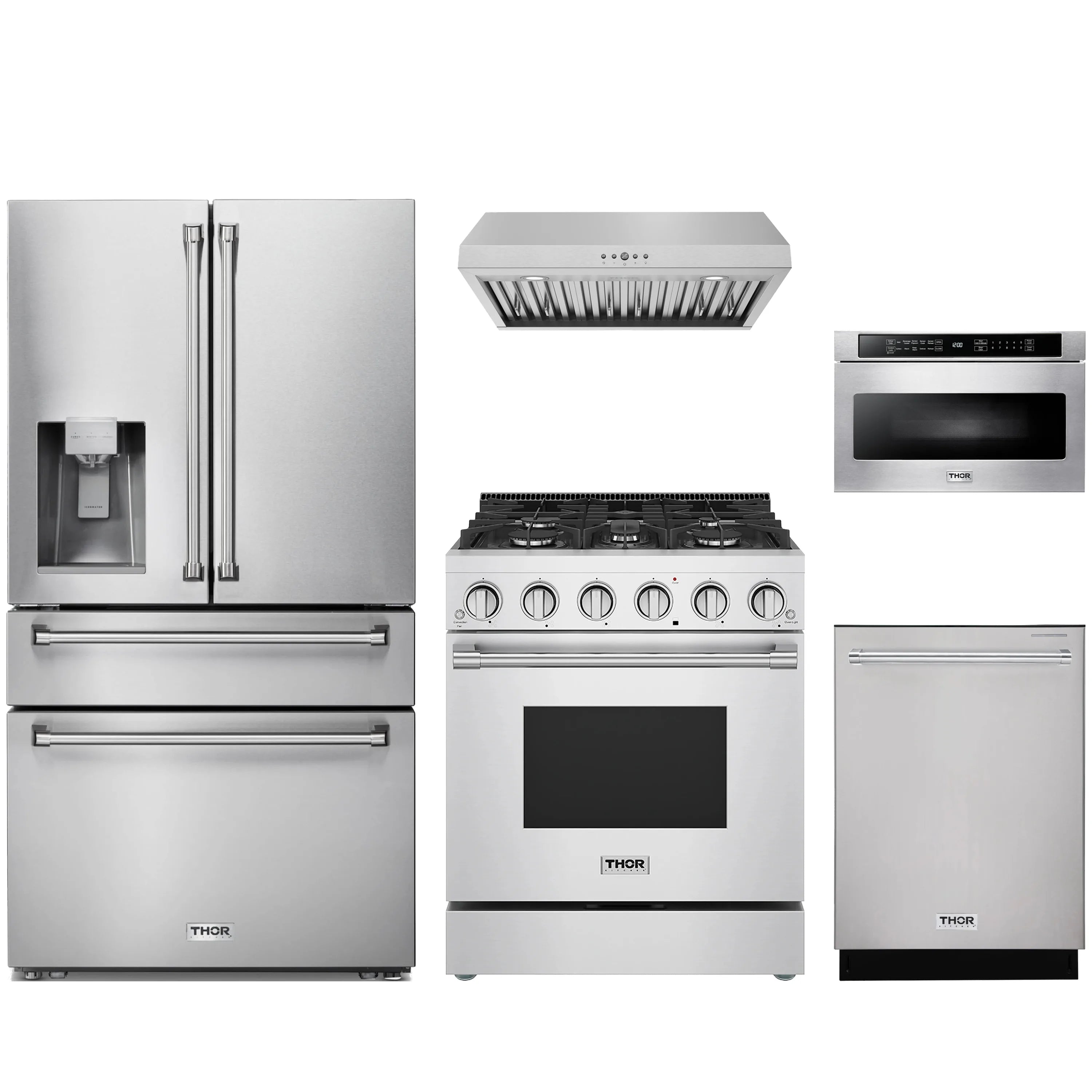 Stainless steel kitchen appliance package with refrigerator, range, hood, and dishwasher