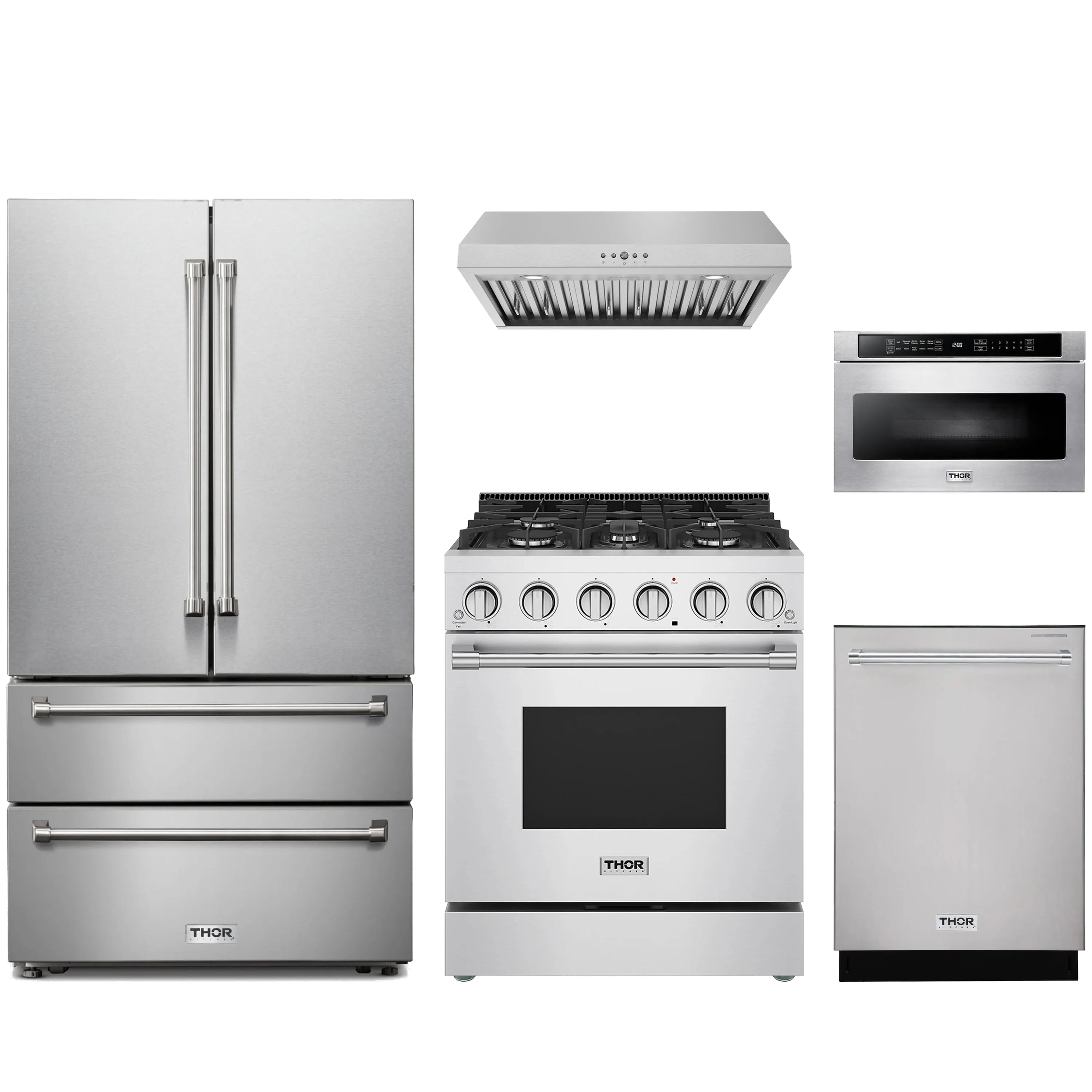 Stainless steel appliance package with French door refrigerator and gas range