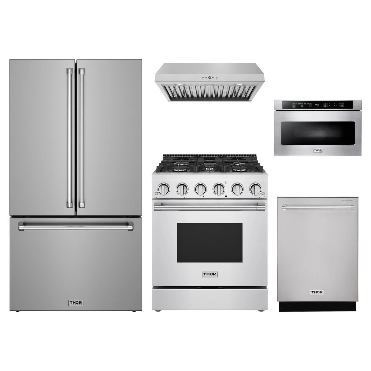 Thor Kitchen 5-Piece Appliance Package - 30-Inch Propane Gas Range, Counter-Depth Refrigerator, Under Cabinet Hood, Dishwasher, & Microwave Drawer in Stainless Steel