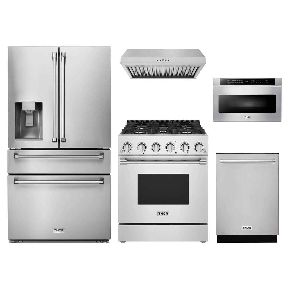 Thor Kitchen 5-Piece Appliance Package - 30-Inch Propane Gas Range, Refrigerator with Water Dispenser, Under Cabinet Hood, Dishwasher, & Microwave Drawer in Stainless Steel