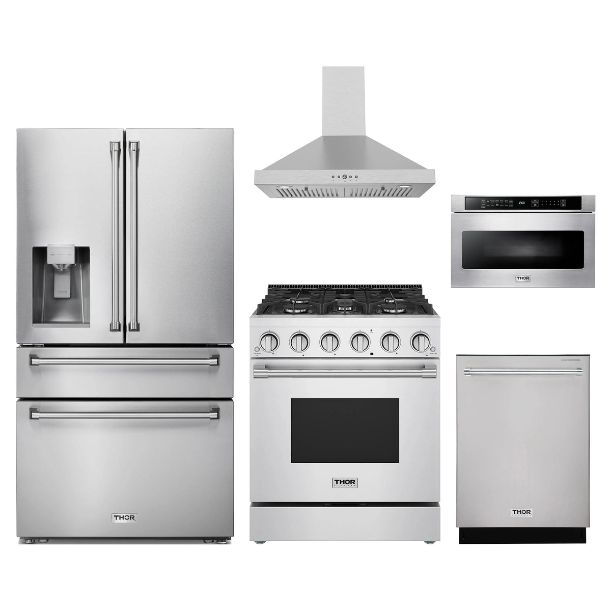 Thor Kitchen 5-Piece Appliance Package - 30-Inch Propane Gas Range, Refrigerator with Water Dispenser, Wall Mount Hood, Dishwasher, & Microwave Drawer in Stainless Steel