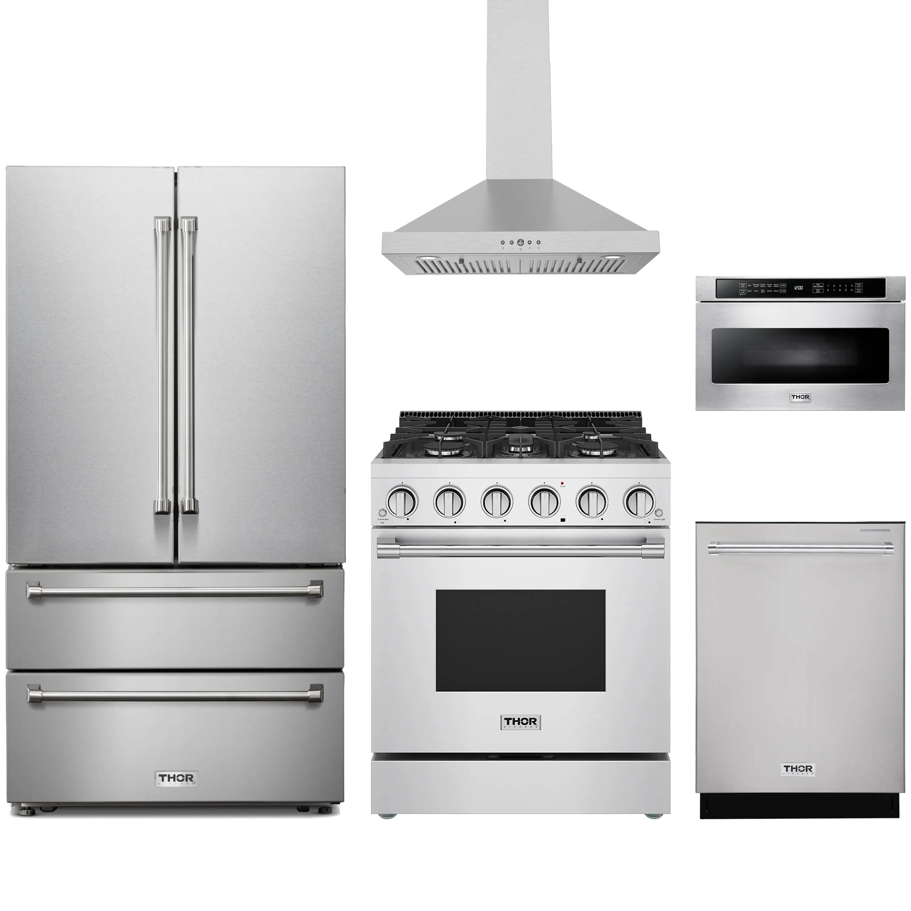 Stainless steel appliance set: French door refrigerator, gas range, hood, microwave drawer
