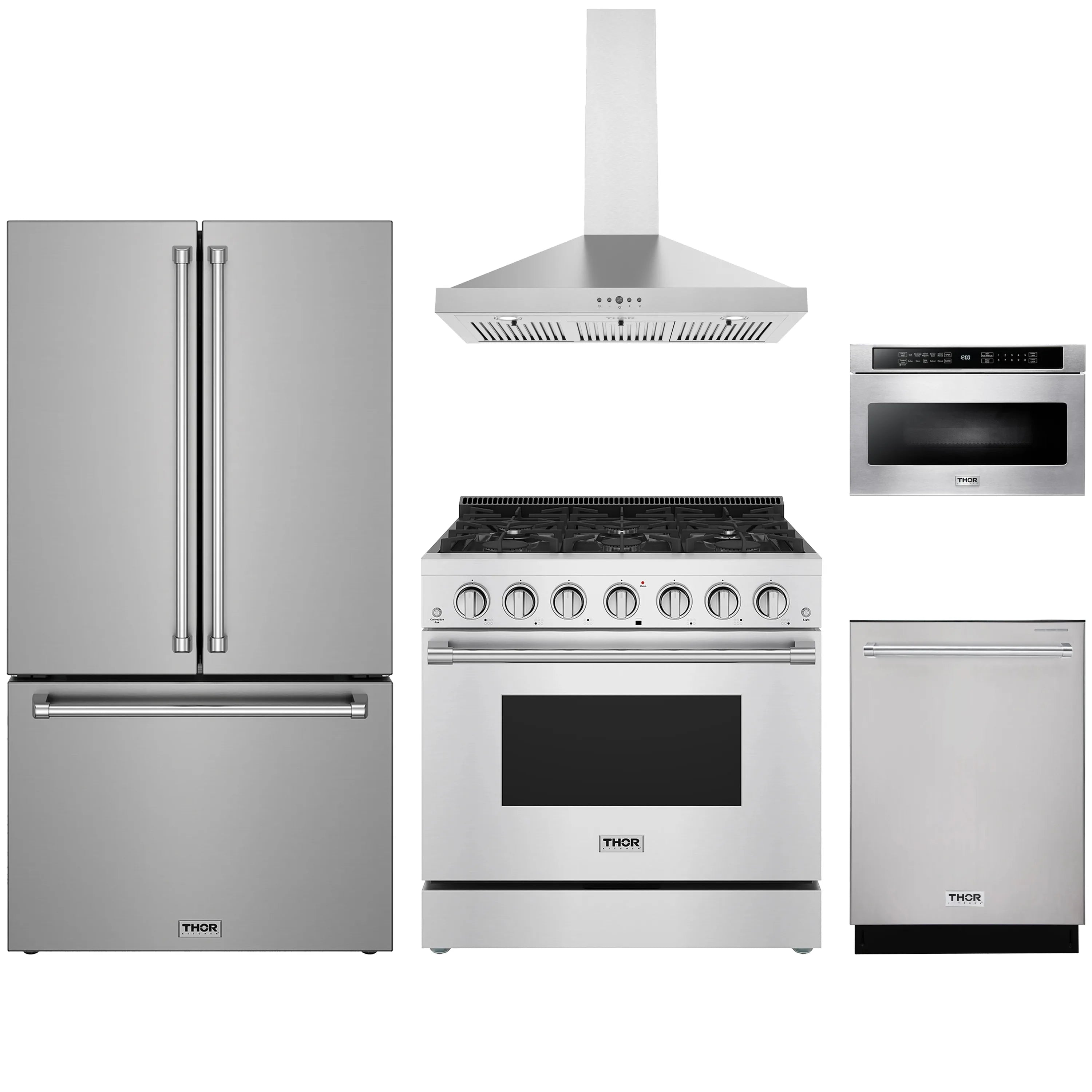 Stainless steel appliance package with refrigerator, range, hood, and built-in appliance