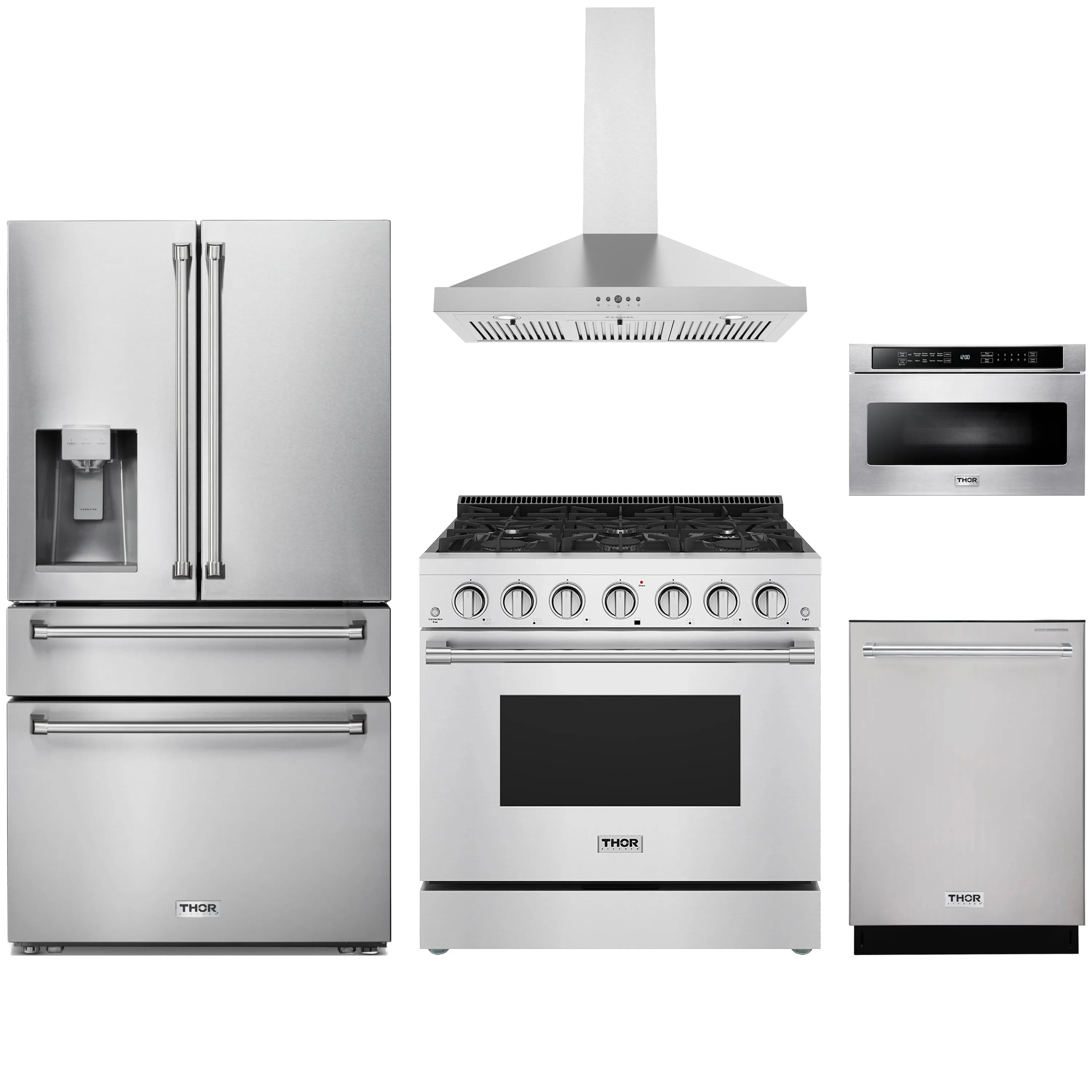 Stainless steel appliance set with refrigerator, hood, gas range, dishwasher, and drawer microwave