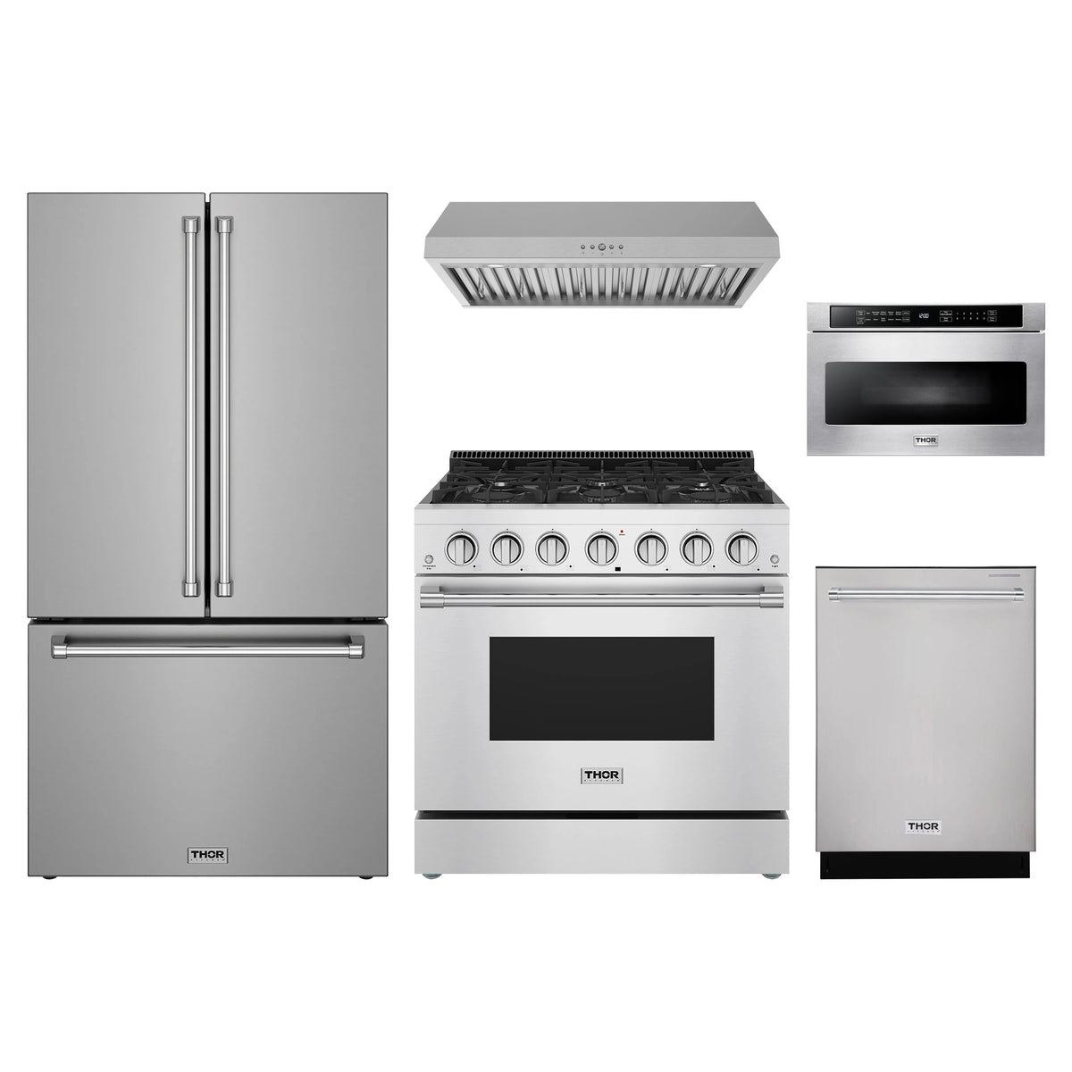 Thor Kitchen 5-Piece Appliance Package - 36-Inch Natural Gas Range, Counter-Depth Refrigerator, Under Cabinet Hood, Dishwasher, & Microwave Drawer in Stainless Steel