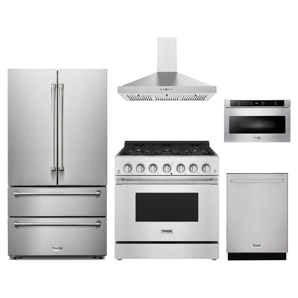 Thor Kitchen 5-Piece Appliance Package - 36-Inch Natural Gas Range, French Door Refrigerator, Wall Mount Hood, Dishwasher, & Microwave Drawer in Stainless Steel