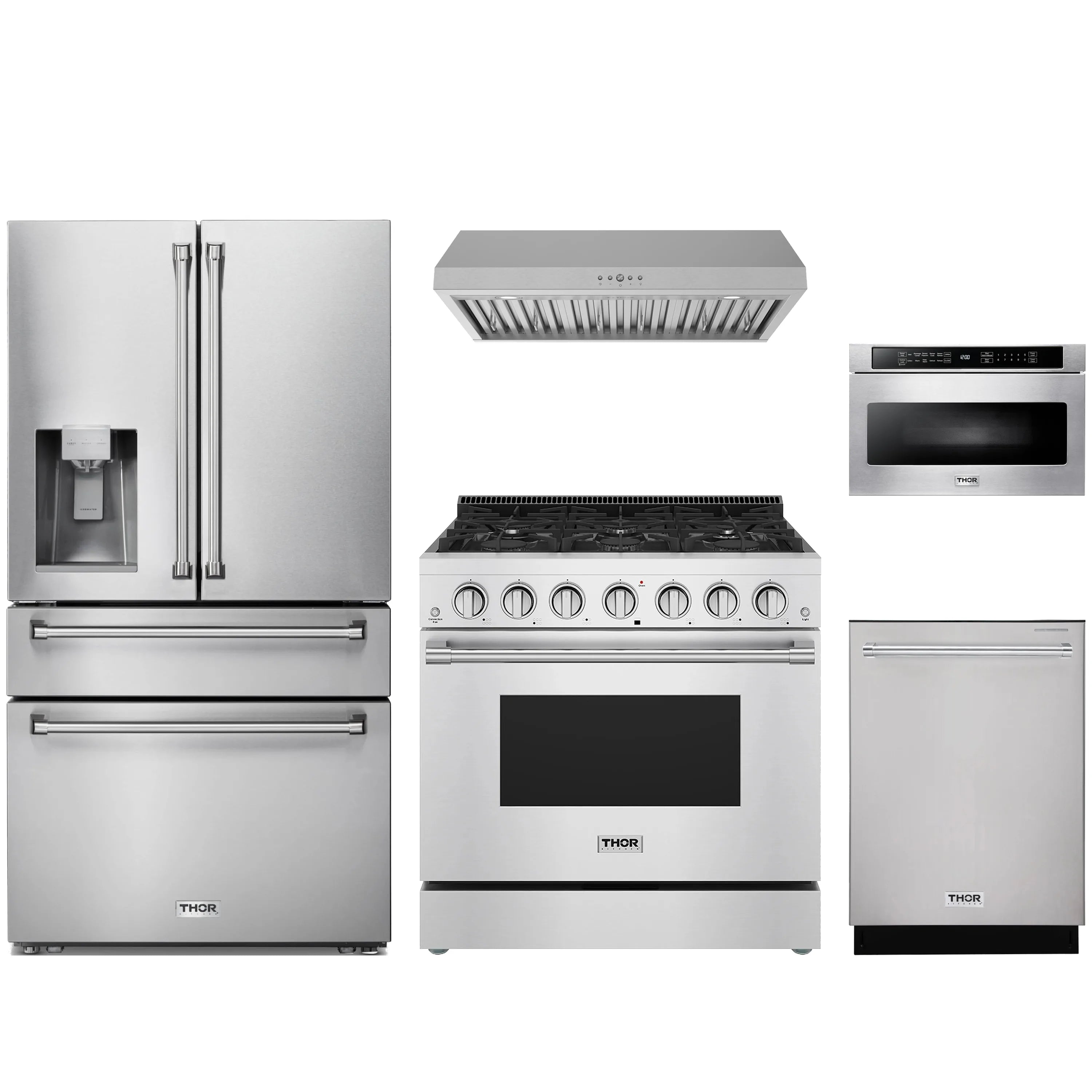 Thor Kitchen stainless steel 5-piece appliance package with range, hood, fridge, dishwasher, drawer