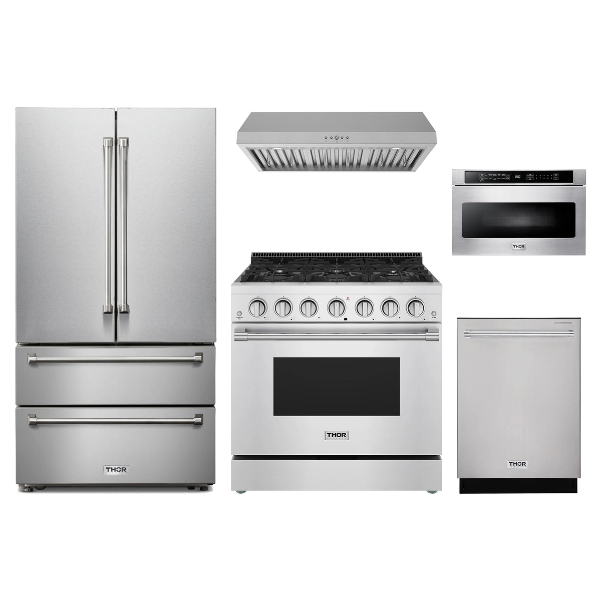 Thor Kitchen 5-Piece Appliance Package - 36-Inch Propane Gas Range, French Door Refrigerator, Under Cabinet Hood, Dishwasher, & Microwave Drawer in Stainless Steel