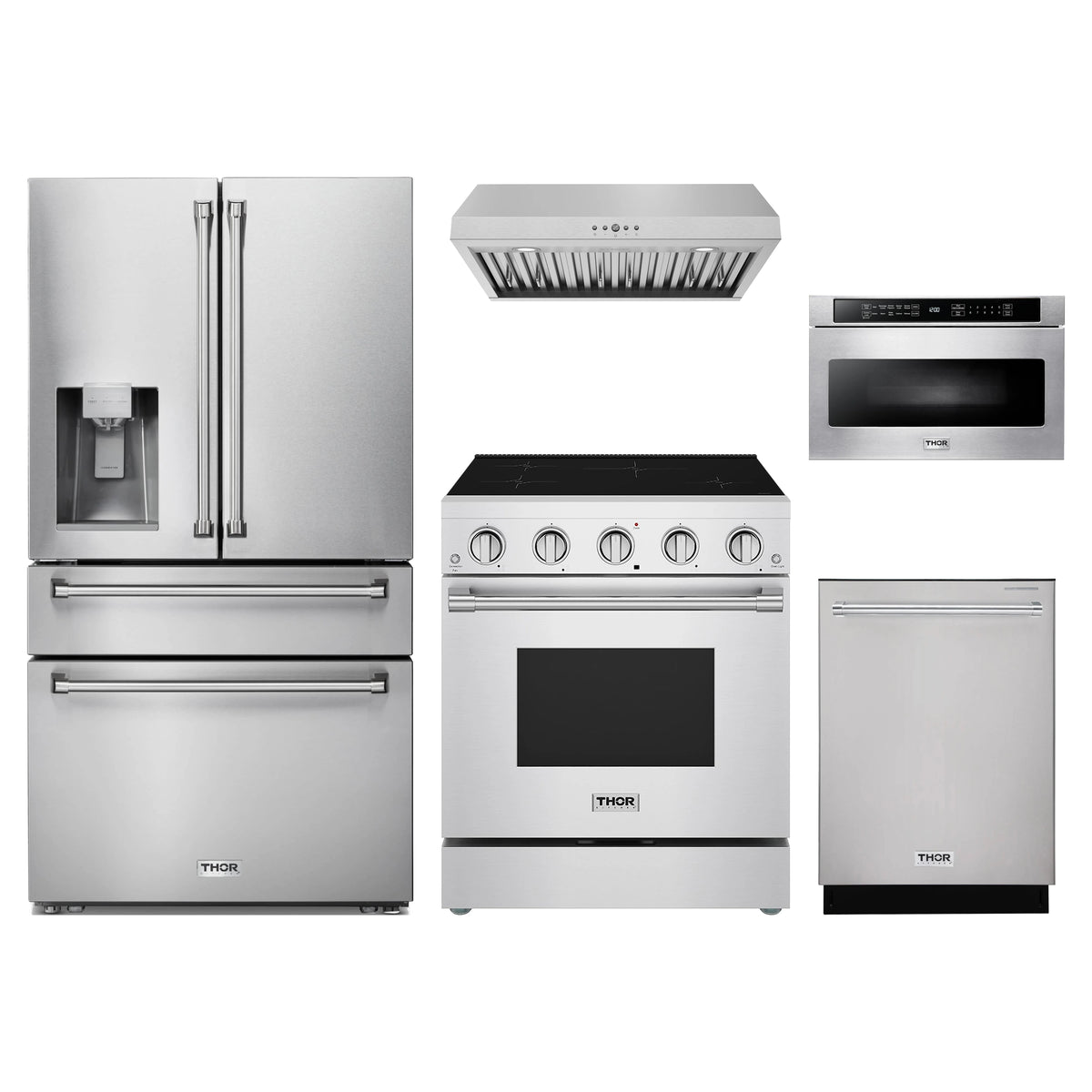 Thor Kitchen 5-Piece Appliance Package - 30-Inch Induction Range, Refrigerator with Water Dispenser, Under Cabinet Hood, Dishwasher, & Microwave Drawer in Stainless Steel