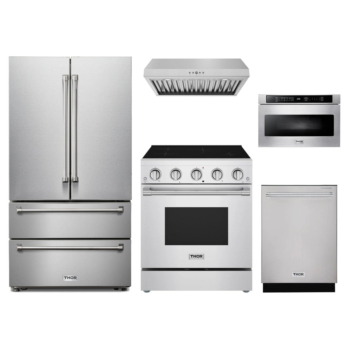Thor Kitchen 5-Piece Appliance Package - 30-Inch Induction Range, French Door Refrigerator, Under Cabinet Hood, Dishwasher, & Microwave Drawer in Stainless Steel