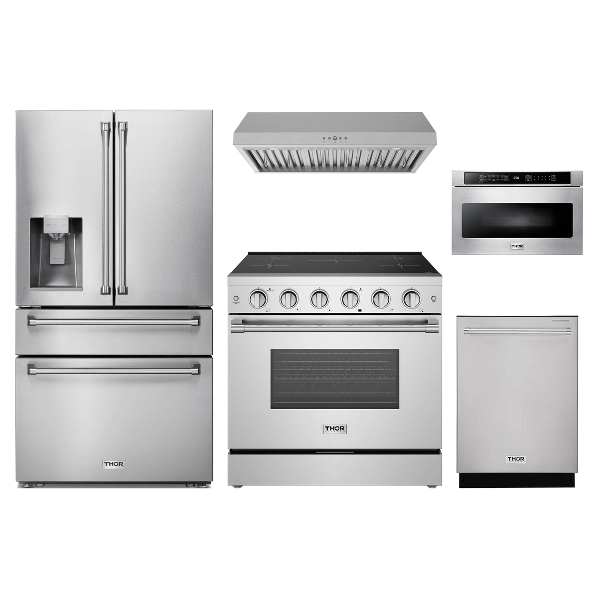 Thor Kitchen 5-Piece Appliance Package - 36-Inch Induction Range, Refrigerator with Water Dispenser, Under Cabinet Hood, Dishwasher, & Microwave Drawer in Stainless Steel