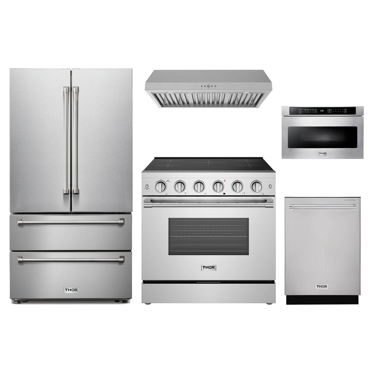 Thor Kitchen 5-Piece Appliance Package - 36-Inch Induction Range, French Door Refrigerator, Under Cabinet Hood, Dishwasher, & Microwave Drawer in Stainless Steel