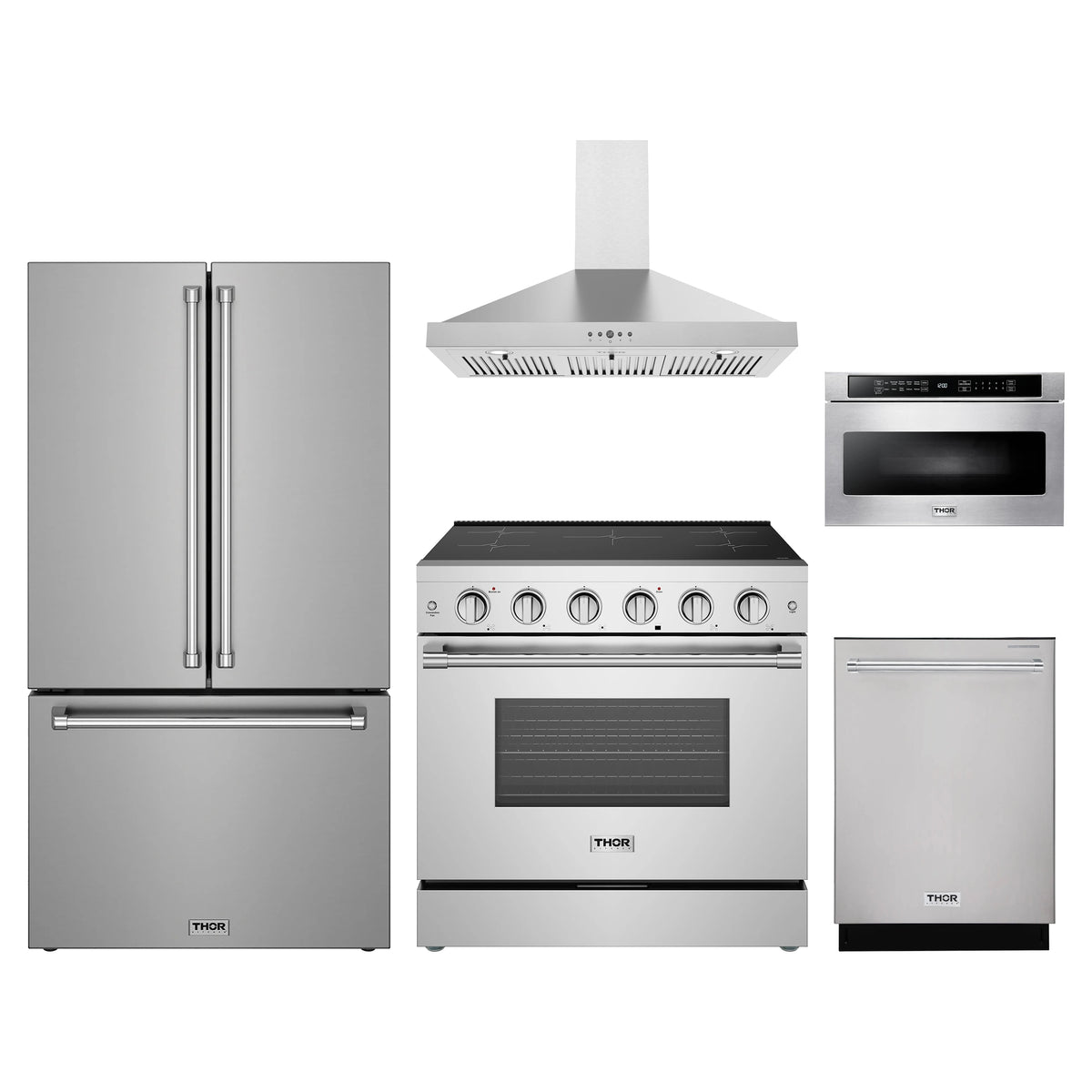 Thor Kitchen 5-Piece Appliance Package - 36-Inch Induction Range, Counter-Depth Refrigerator, Wall Mount Hood, Dishwasher, & Microwave Drawer in Stainless Steel