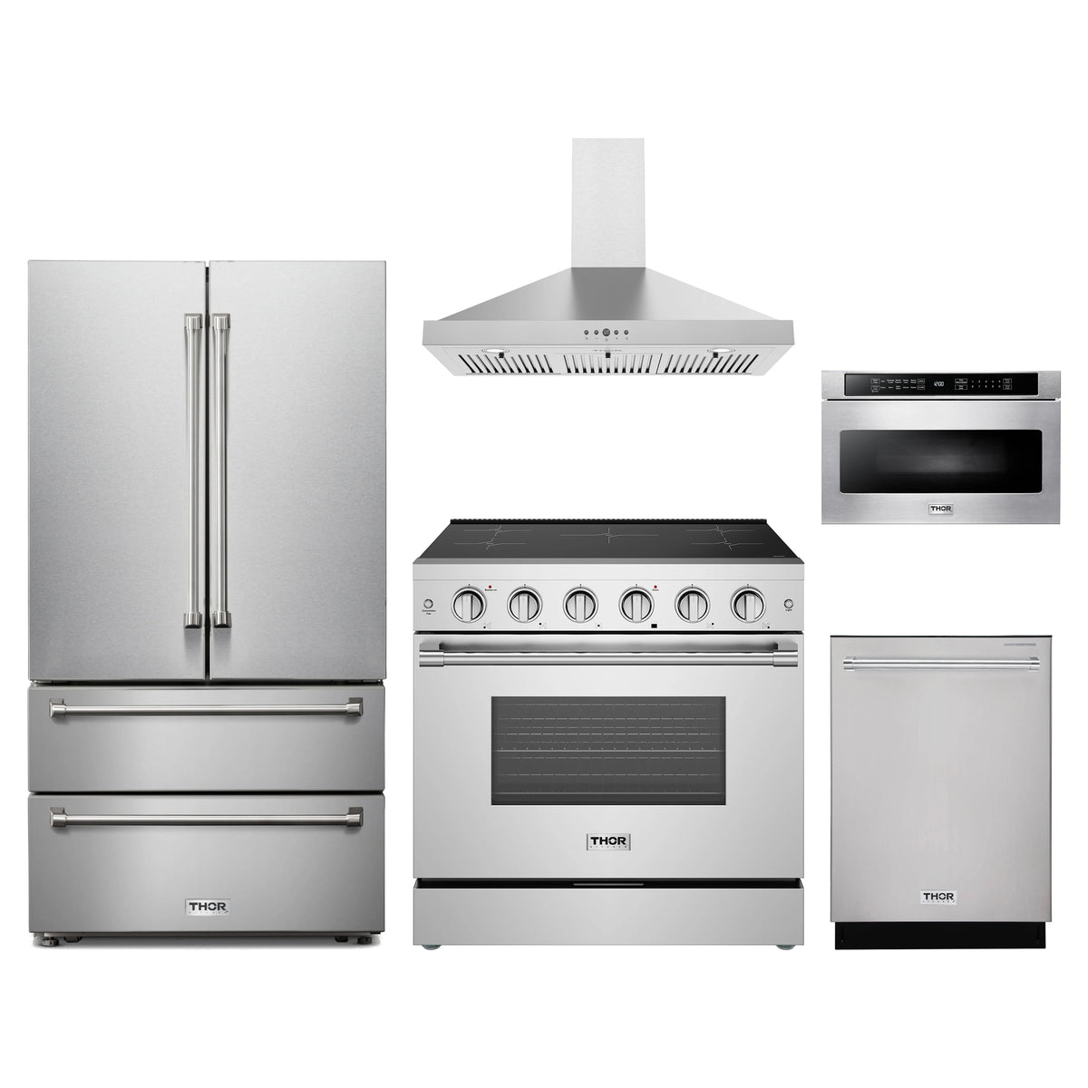 Thor Kitchen 5-Piece Appliance Package - 36-Inch Induction Range, French Door Refrigerator, Wall Mount Hood, Dishwasher, & Microwave Drawer in Stainless Steel