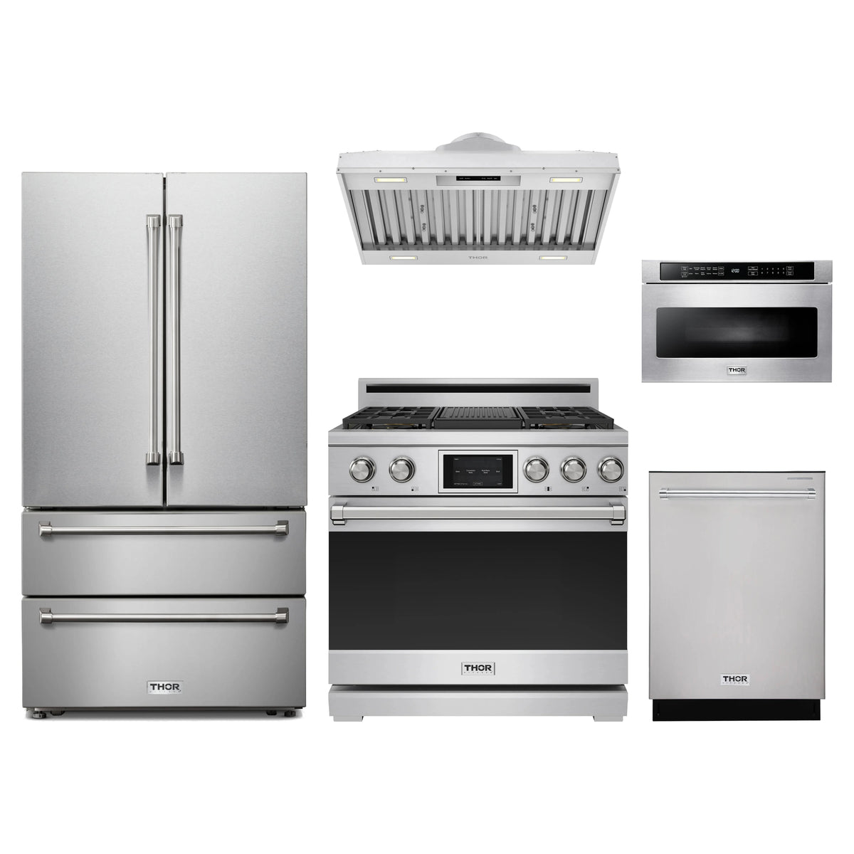 Thor Kitchen 5-Piece Appliance Package - 36-Inch Dual Fuel Range, French Door Refrigerator, Hood Insert, Dishwasher, & Microwave Drawer in Stainless Steel