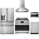 Stainless steel Thor Kitchen appliance package with 36-inch range, range hood, refrigerator with water dispenser, dishwasher, microwave drawer