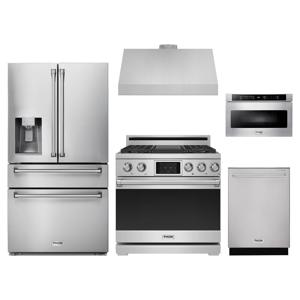 Thor Kitchen 5-Piece Appliance Package - 36-Inch Dual Fuel Range, Refrigerator with Water Dispenser, Under Cabinet Hood, Dishwasher, & Microwave Drawer in Stainless Steel