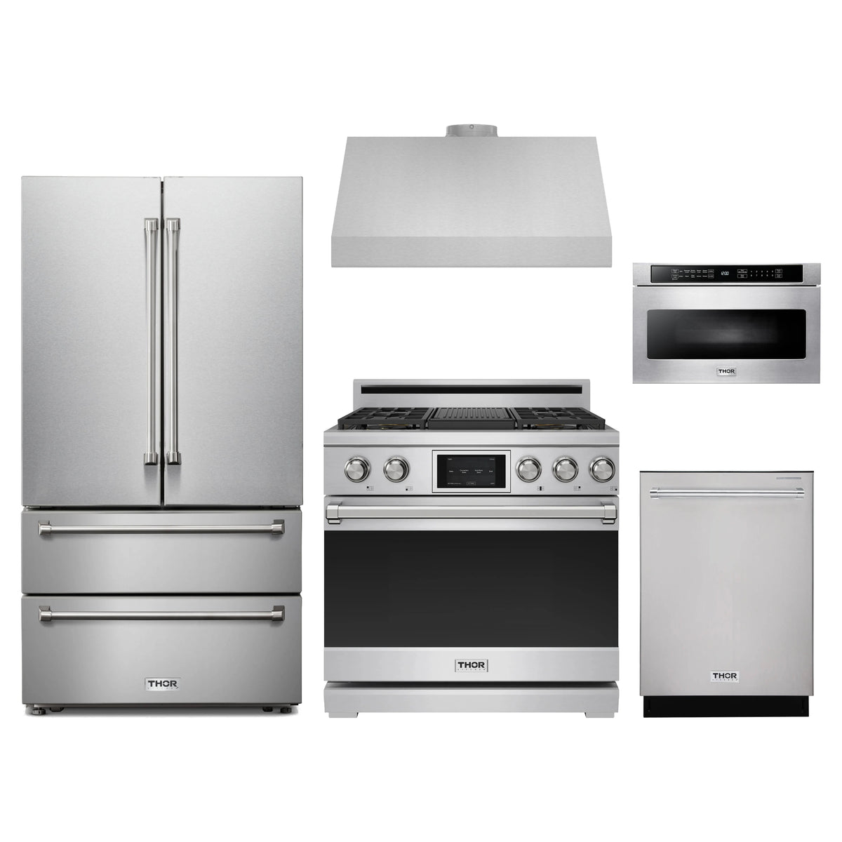 Thor Kitchen 5-Piece Appliance Package - 36-Inch Dual Fuel Range, French Door Refrigerator, Under Cabinet Hood, Dishwasher, & Microwave Drawer in Stainless Steel