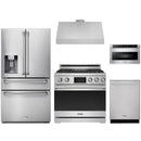 Stainless steel Thor Kitchen appliance package with 36-inch range, range hood, refrigerator with water dispenser, dishwasher, microwave drawer