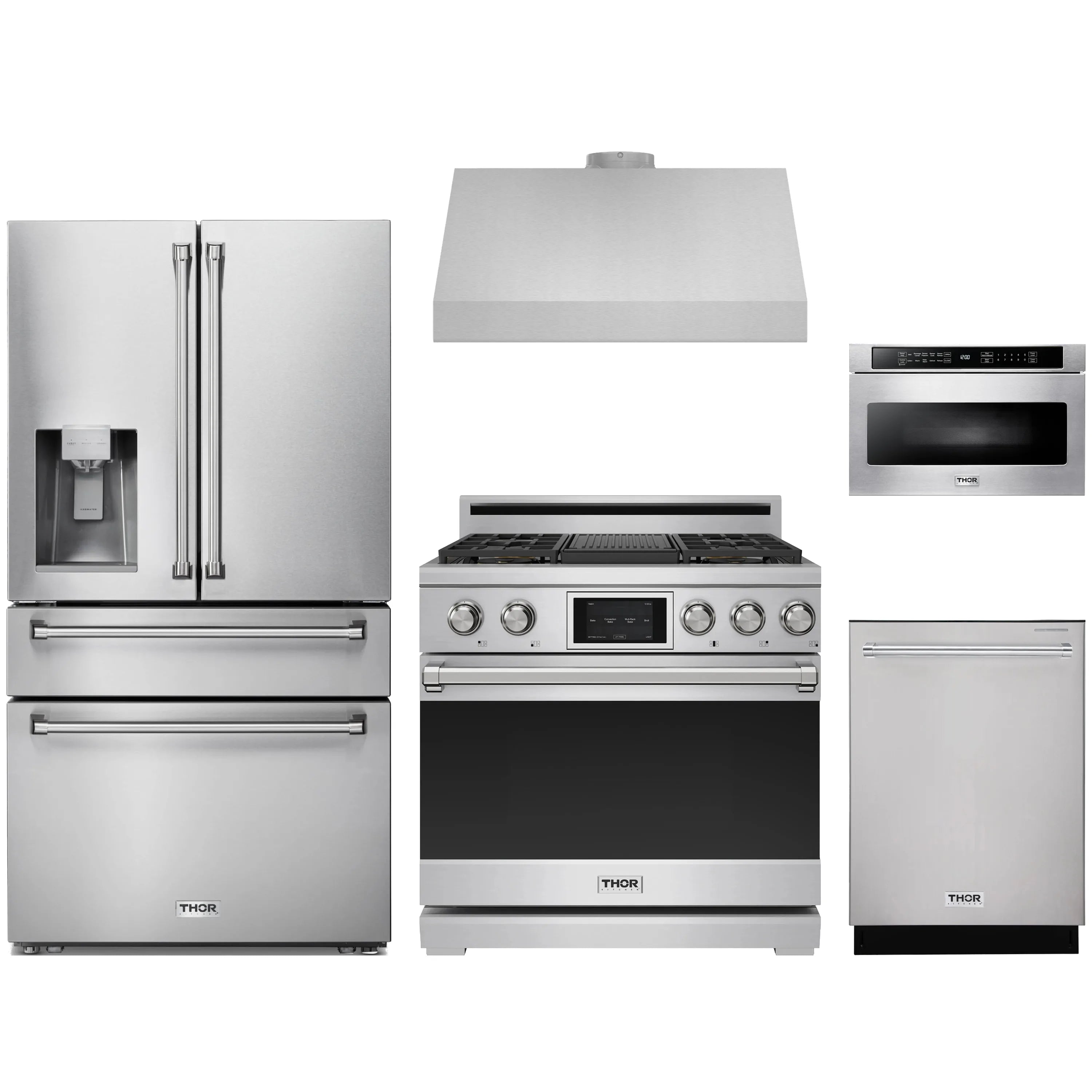 Stainless steel kitchen appliance package with refrigerator, range, hood, and dishwasher