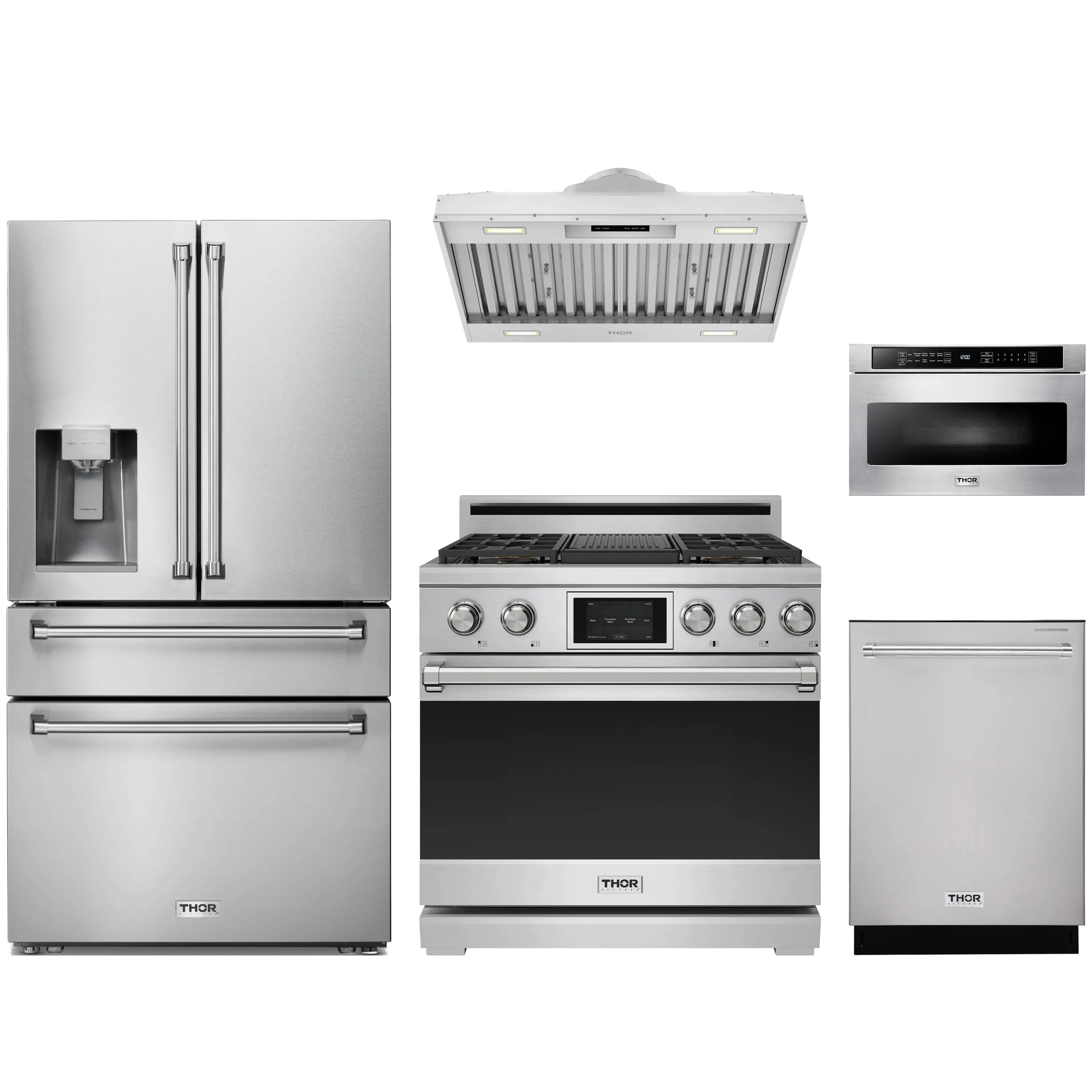 Stainless steel 5-piece appliance package with refrigerator, range, microwave, dishwasher, hood