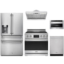 Stainless steel Thor Kitchen appliance package with 36-inch range, range hood, refrigerator with water dispenser, dishwasher, microwave drawer