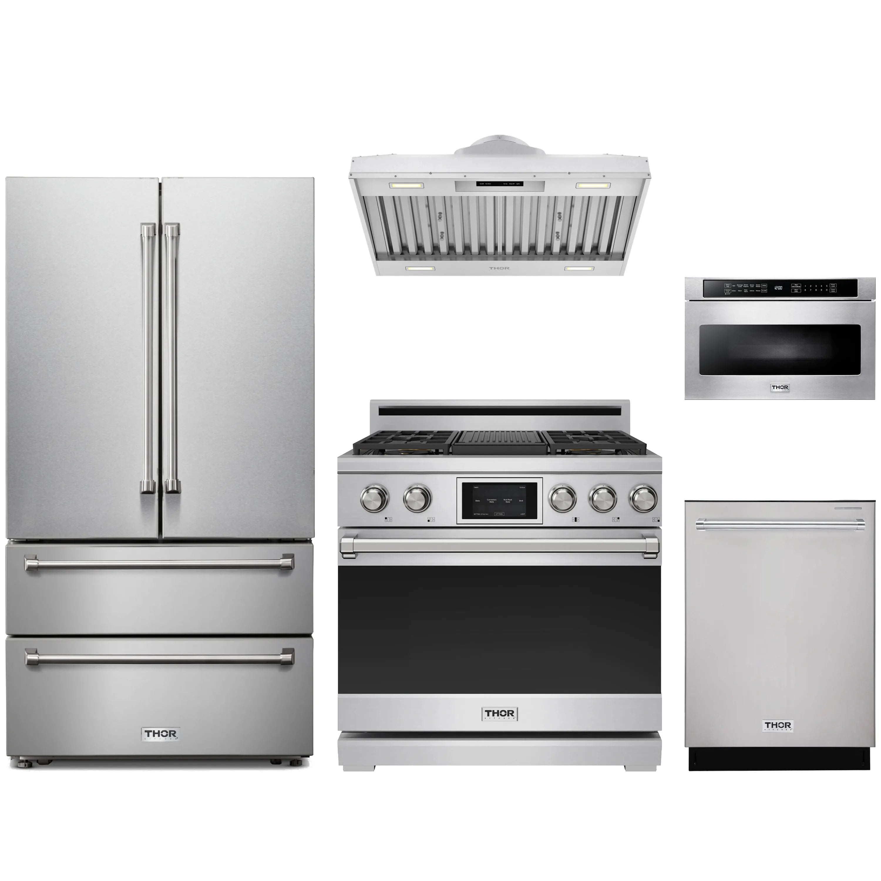 Stainless steel 5-piece kitchen appliance package with refrigerator, range, microwave, dishwasher