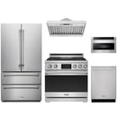Stainless steel Thor Kitchen appliance package with 36-inch range, range hood, french door refrigerator, dishwasher, microwave drawer