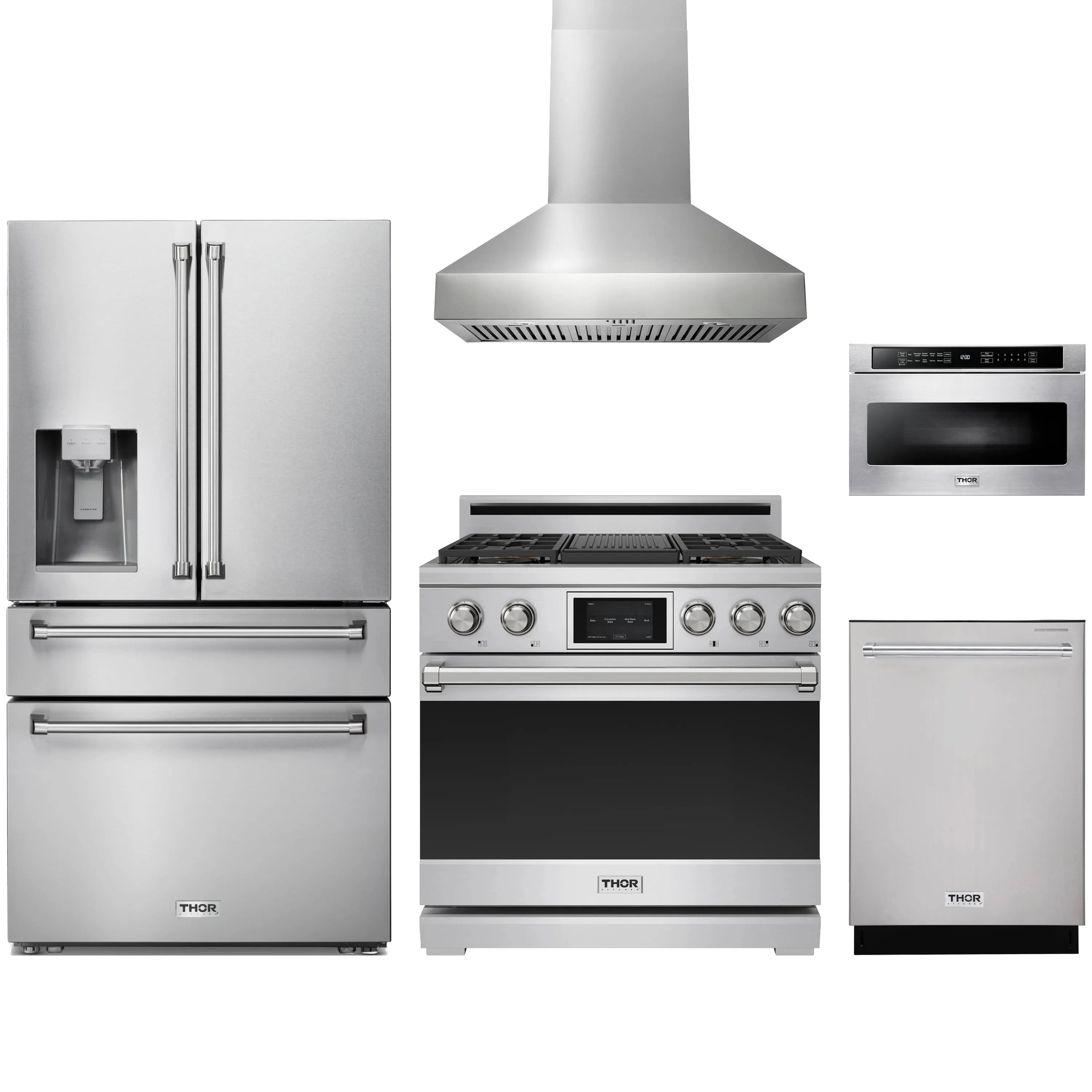 Stainless steel appliance package with range, refrigerator, wall hood, dishwasher, microwave drawer