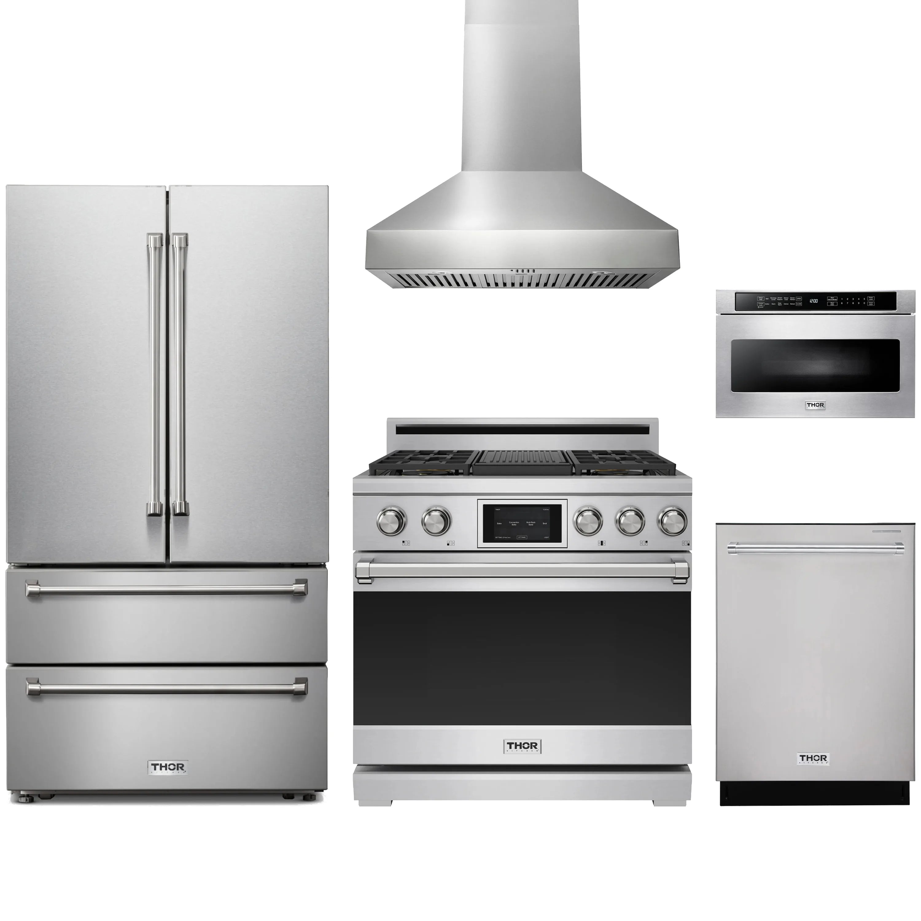 Stainless steel kitchen appliance set with refrigerator, range, wall hood, and dishwasher