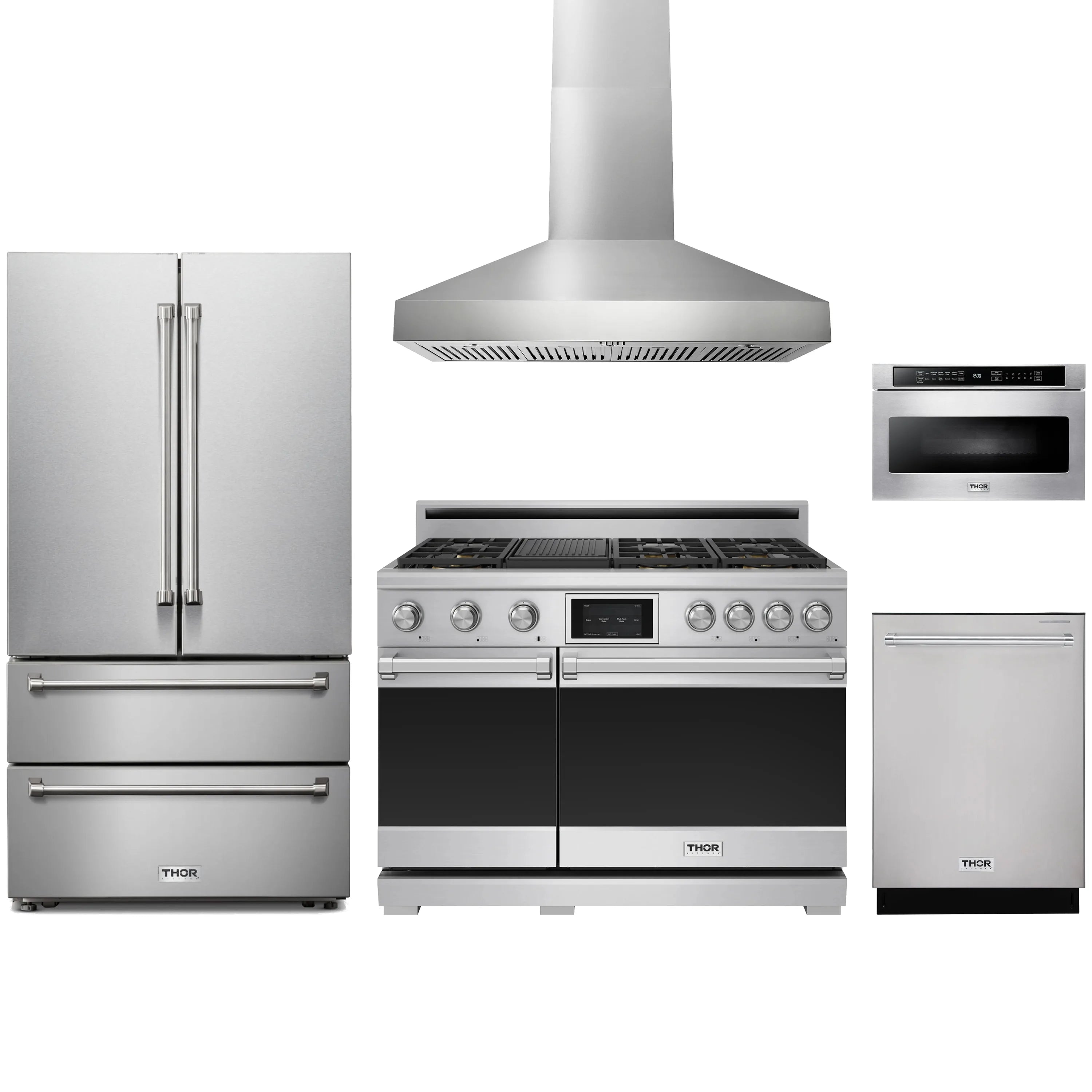 Stainless steel appliance package with French door refrigerator, dual fuel range, hood, and microwave