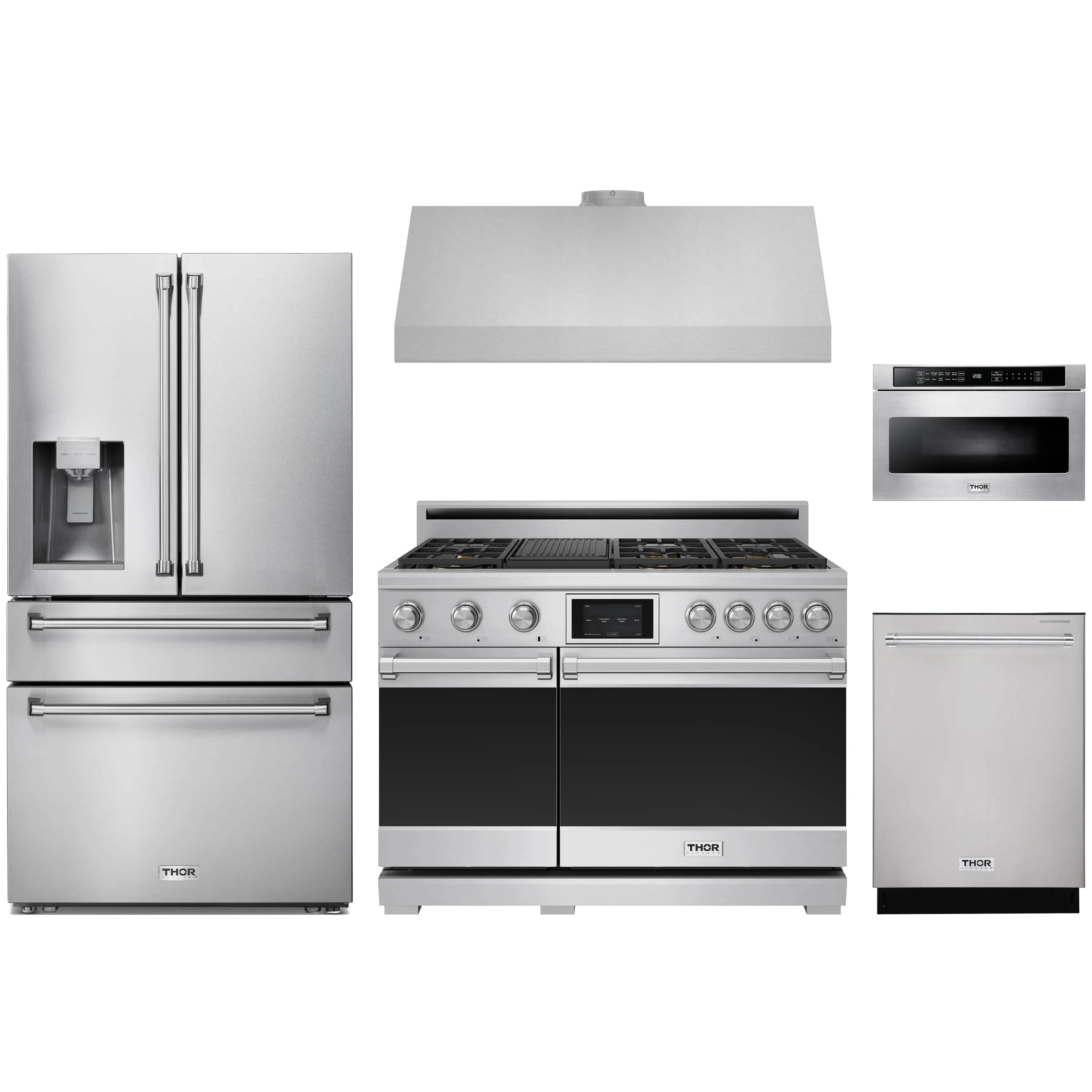 Stainless steel 5-piece appliance package with refrigerator, range, hood, dishwasher, microwave drawer