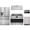 Stainless steel Thor Kitchen appliance package with 36-inch range, range hood, refrigerator with water dispenser, dishwasher, microwave drawer