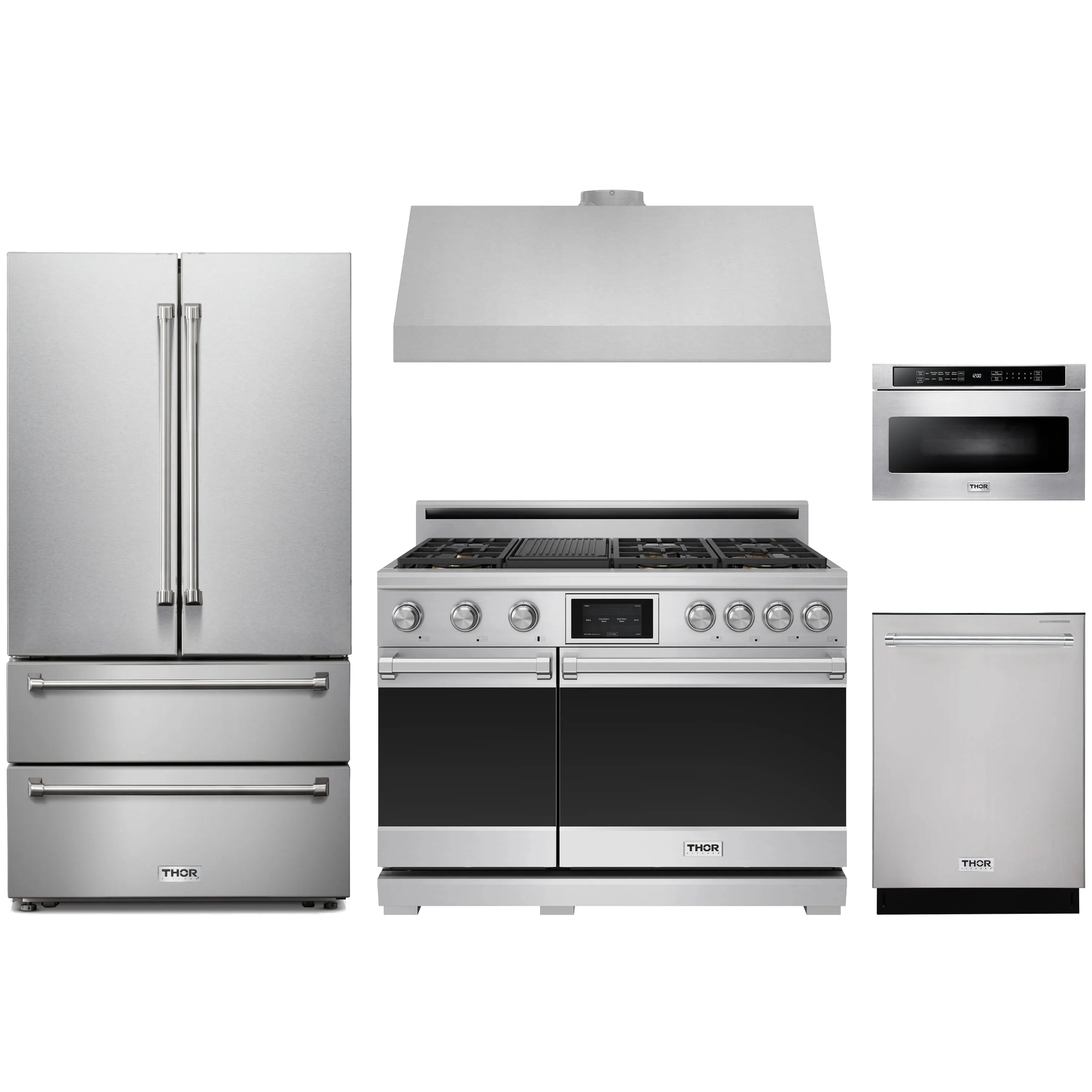 Stainless steel Thor Kitchen appliance package with 36-inch range, range hood, french door refrigerator, dishwasher, microwave drawer