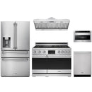 Stainless steel Thor Kitchen appliance package with 36-inch range, range hood, refrigerator with water dispenser, dishwasher, microwave drawer