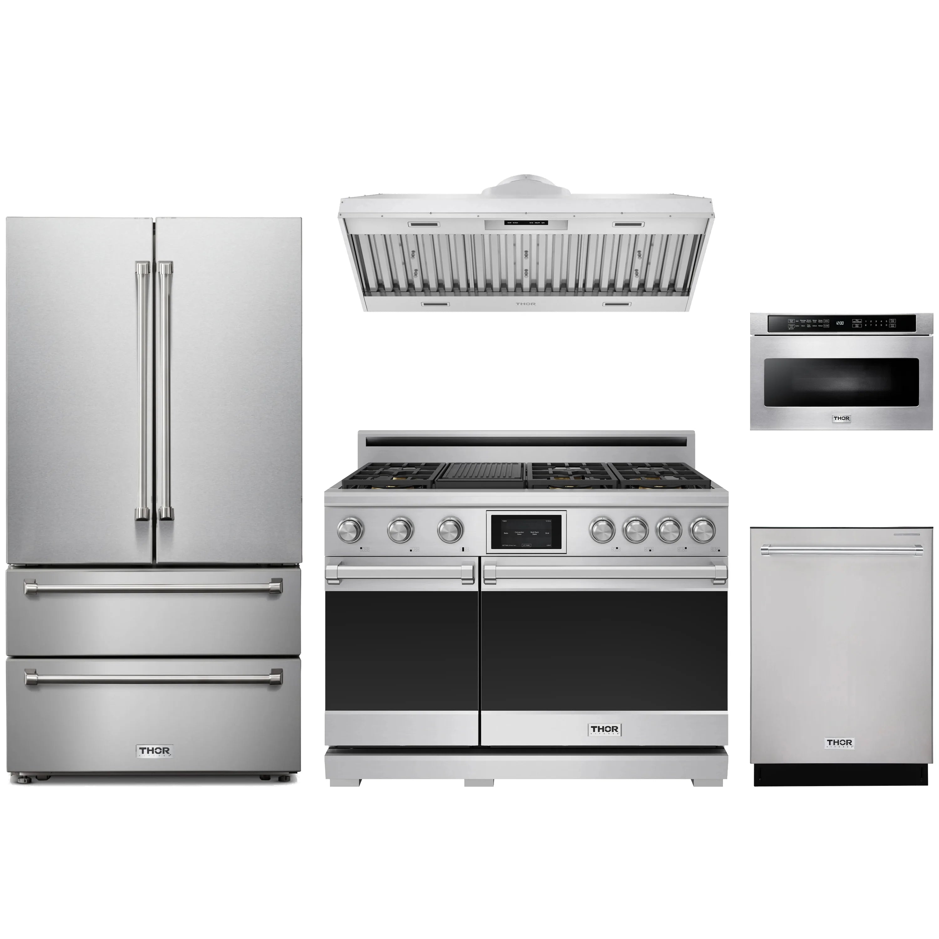 Stainless steel appliance package showing refrigerator, range, hood, dishwasher, and microwave drawer