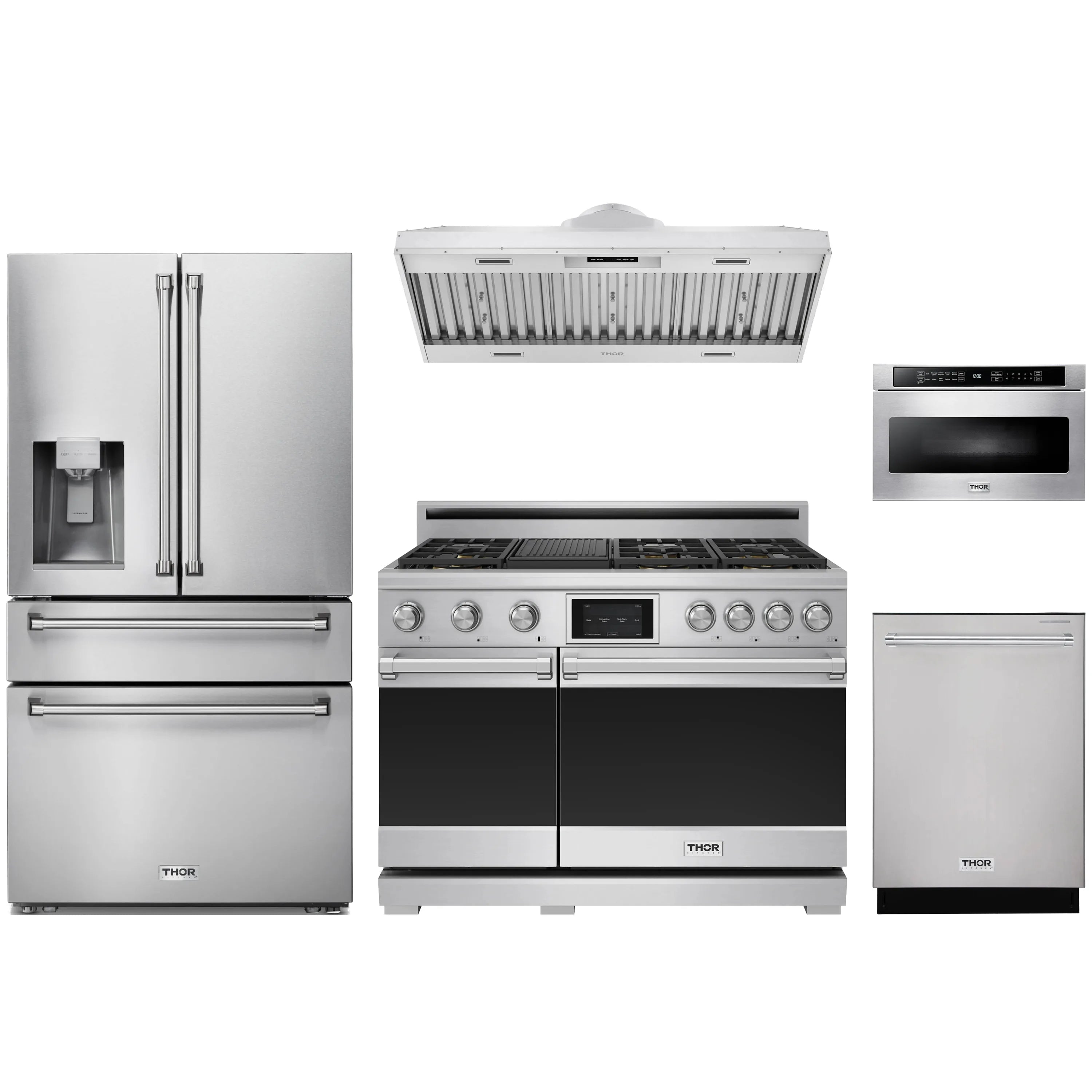 Stainless steel 5-piece kitchen appliance set featuring refrigerator, range, dishwasher, hood and microwave drawer