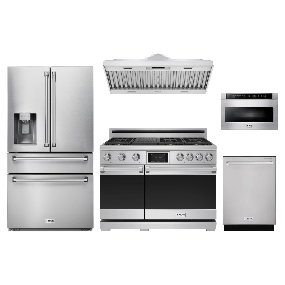 Thor Kitchen 5-Piece Appliance Package - 48-Inch Propane Dual Fuel Range, Refrigerator with Water Dispenser, Hood Insert, Dishwasher, & Microwave Drawer in Stainless Steel